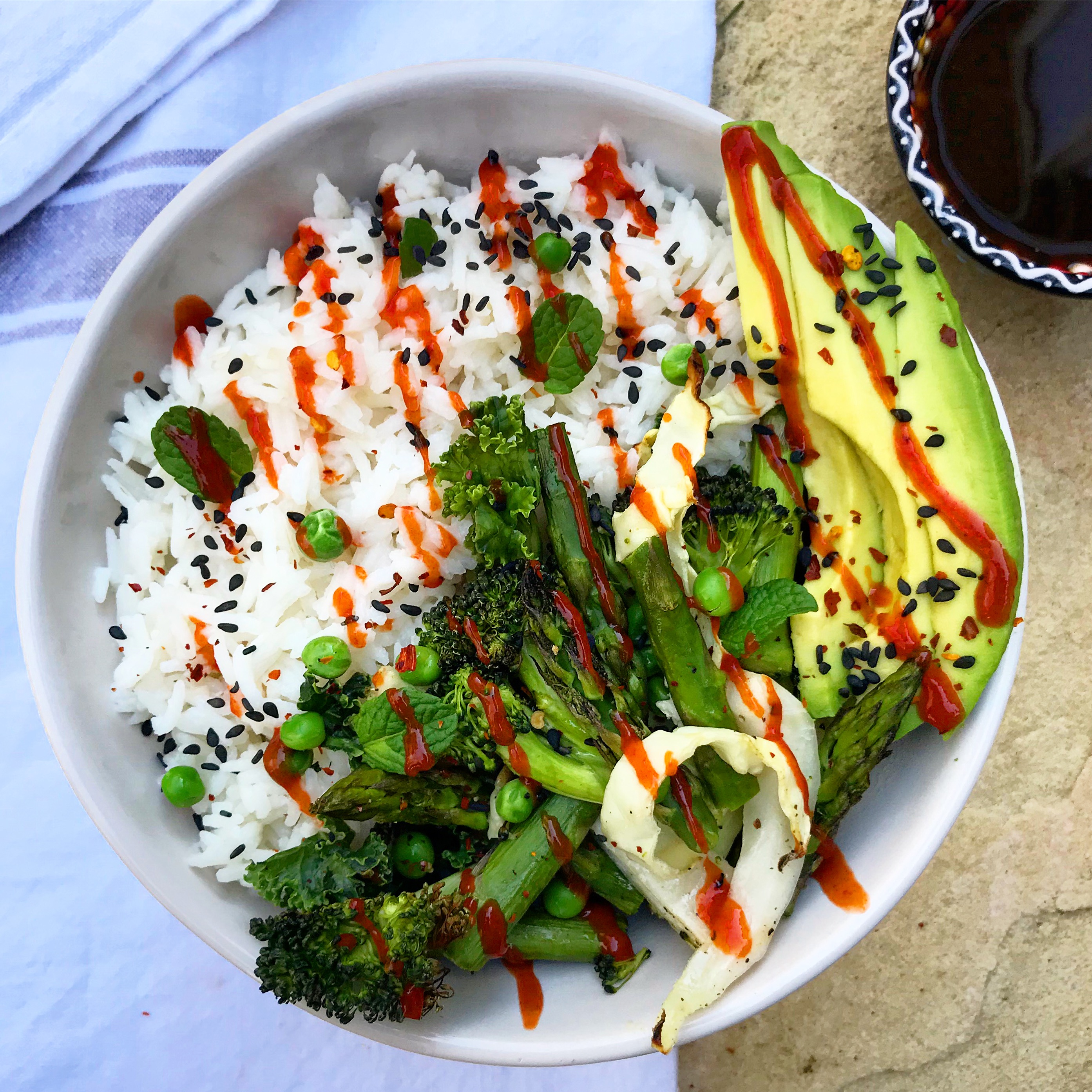 Coconut Rice w/ Greens and Spicy Sesame Sauce
