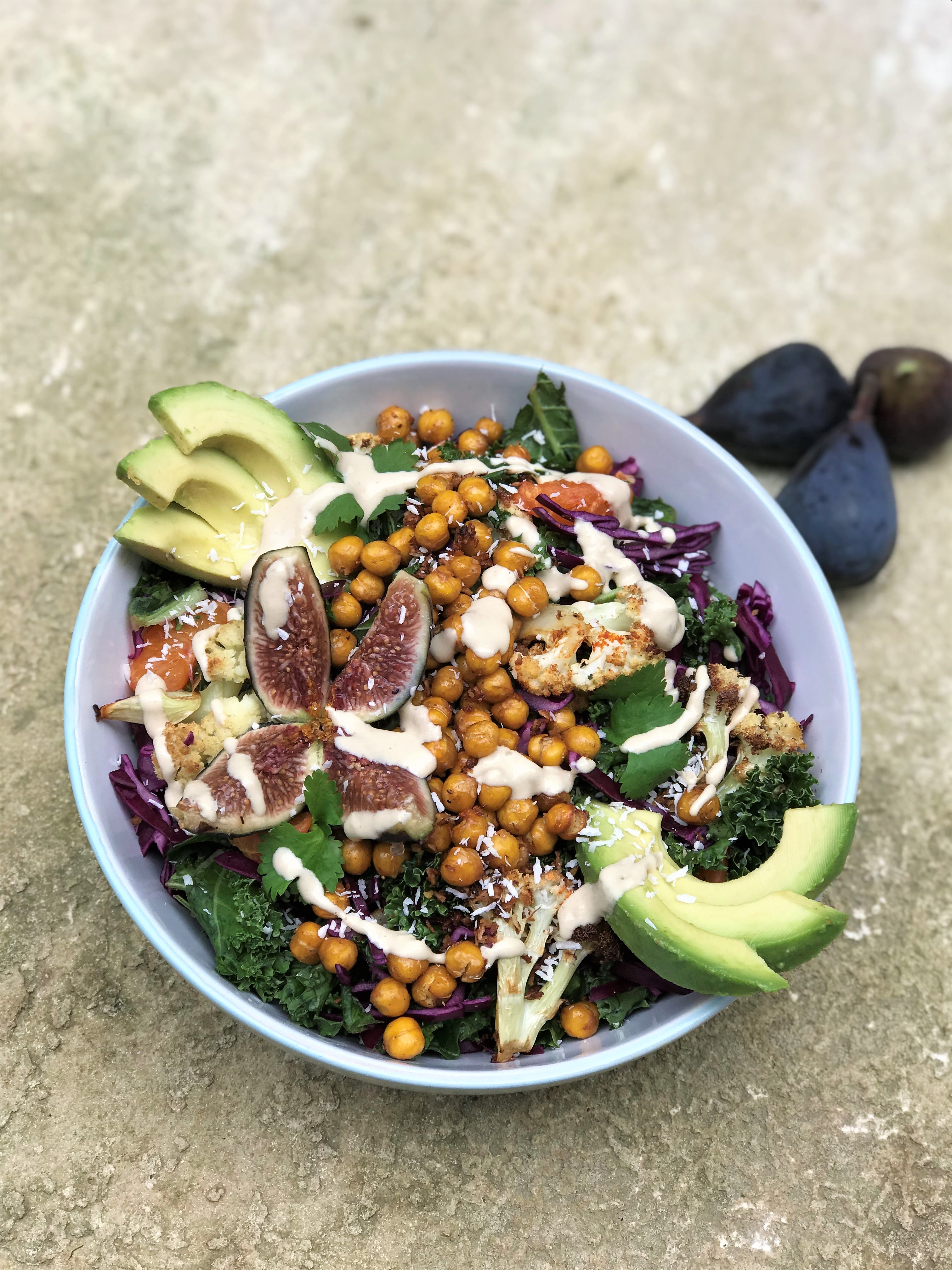 Crunchy Coconut Kale and Chickpea Salad with Figs and Tahini Dressing