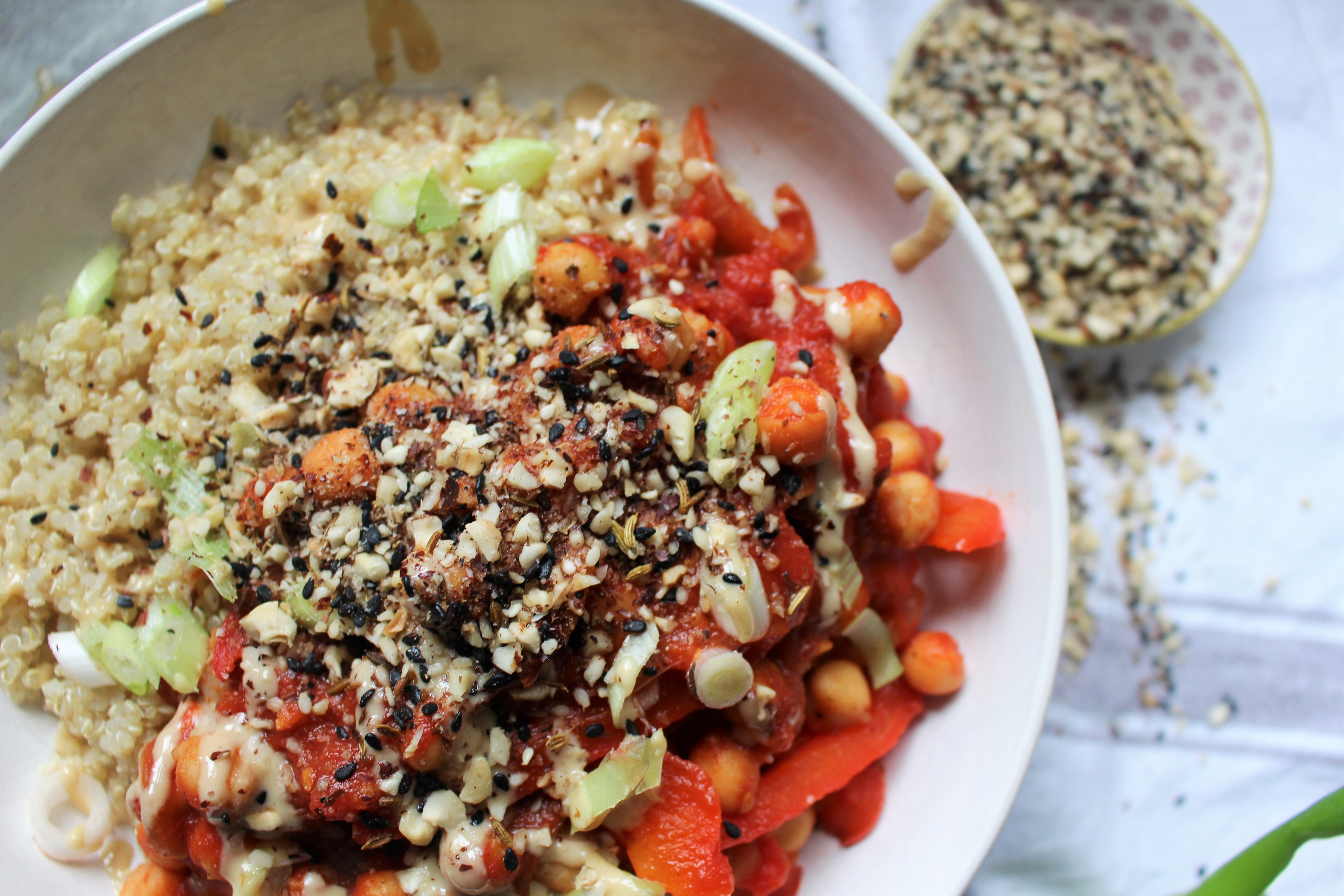 Rich Red Pepper and Chickpea Stew with Hazelnut Dukkha