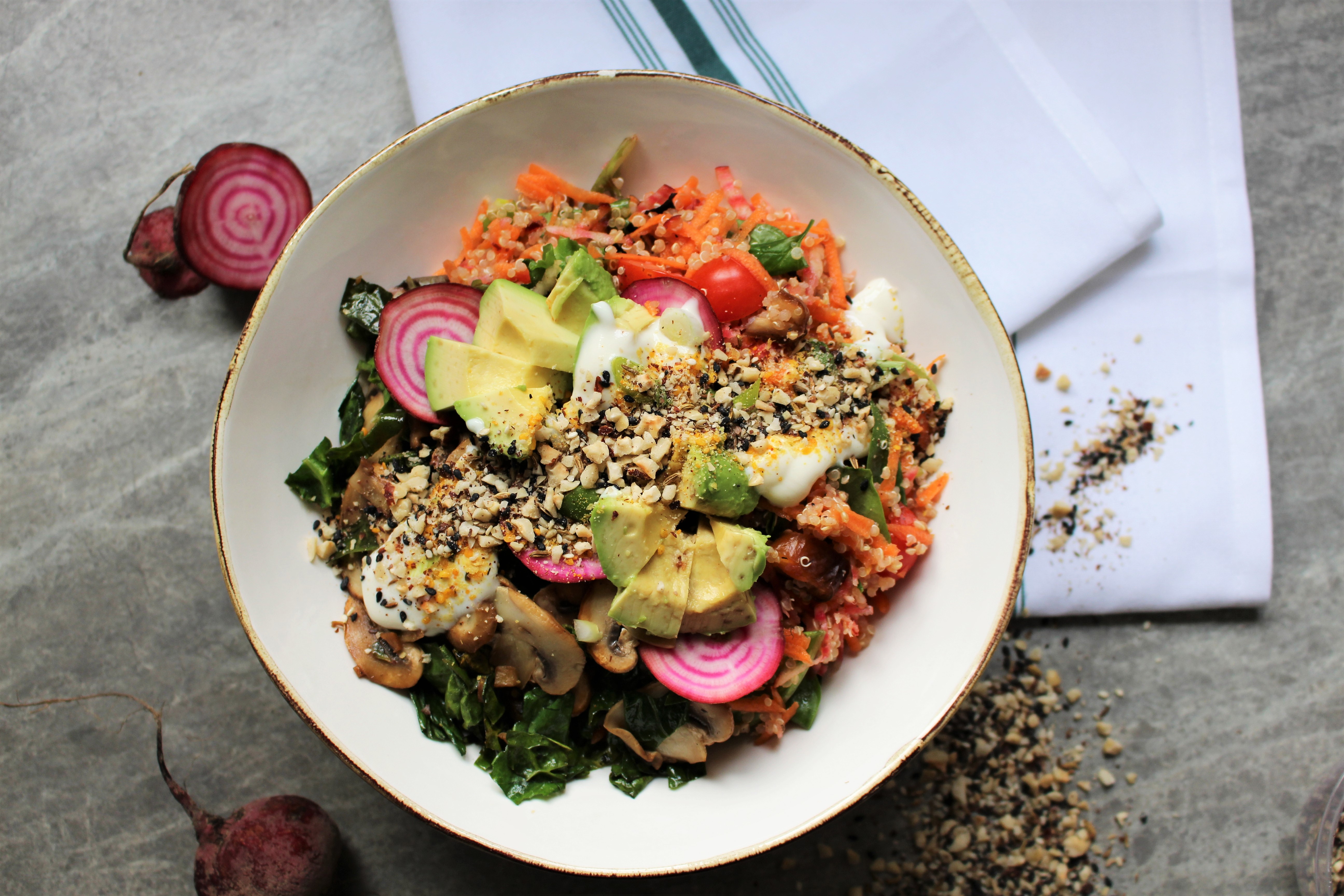 Beetroot and Date Quinoa with Tamari Kale and Mushrooms