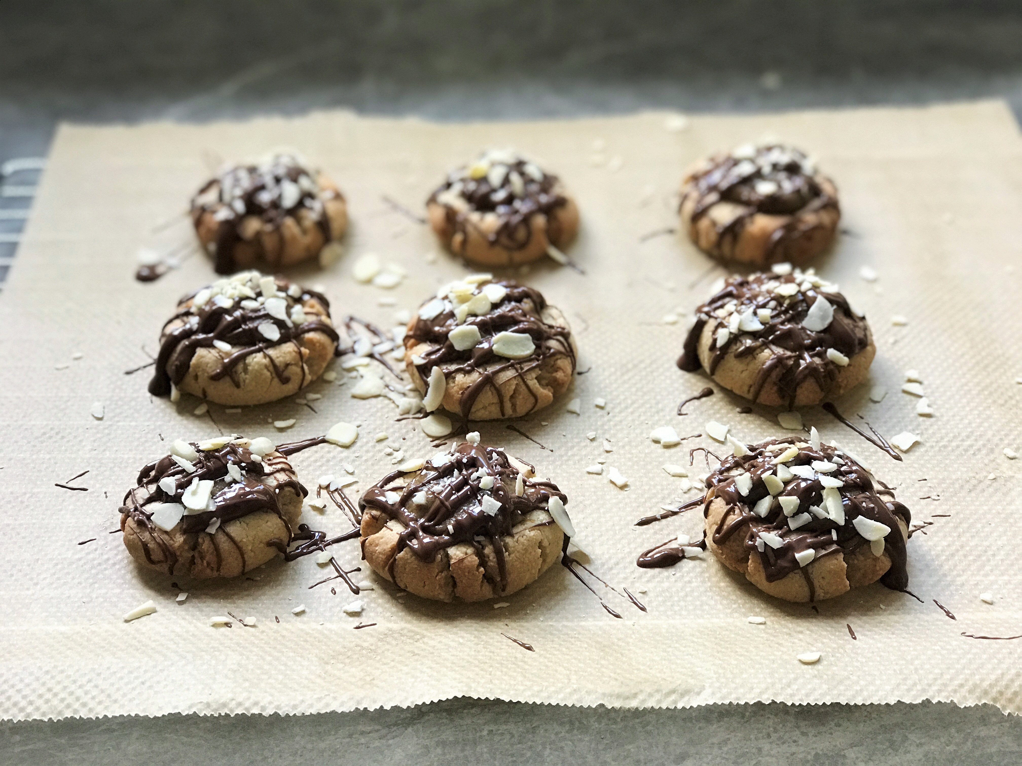 Chocolate Almond Salted Caramel Thumbprint Cookies