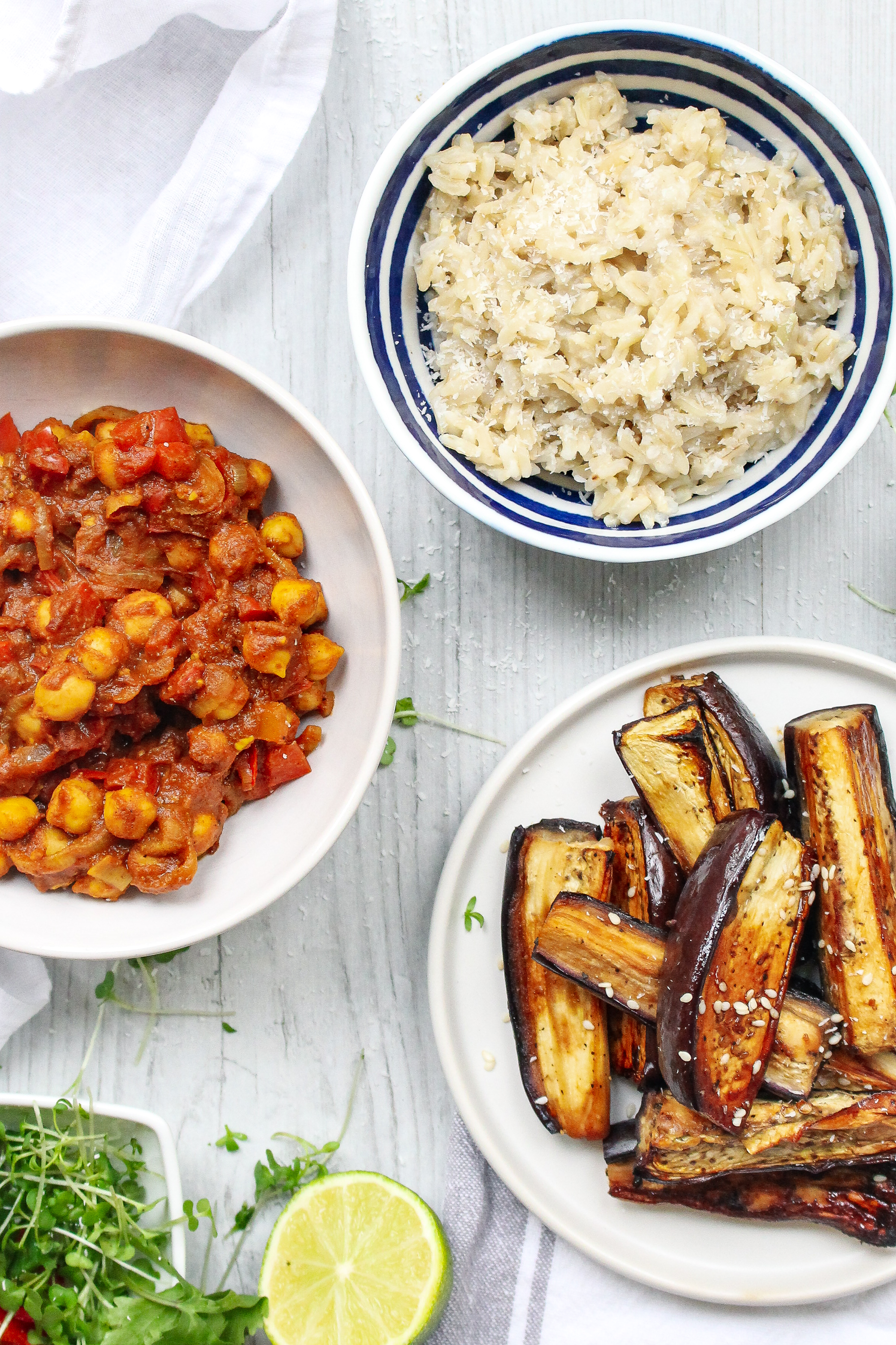 Sticky Asian Aubergine with Coconut Rice and Curried Chickpeas
