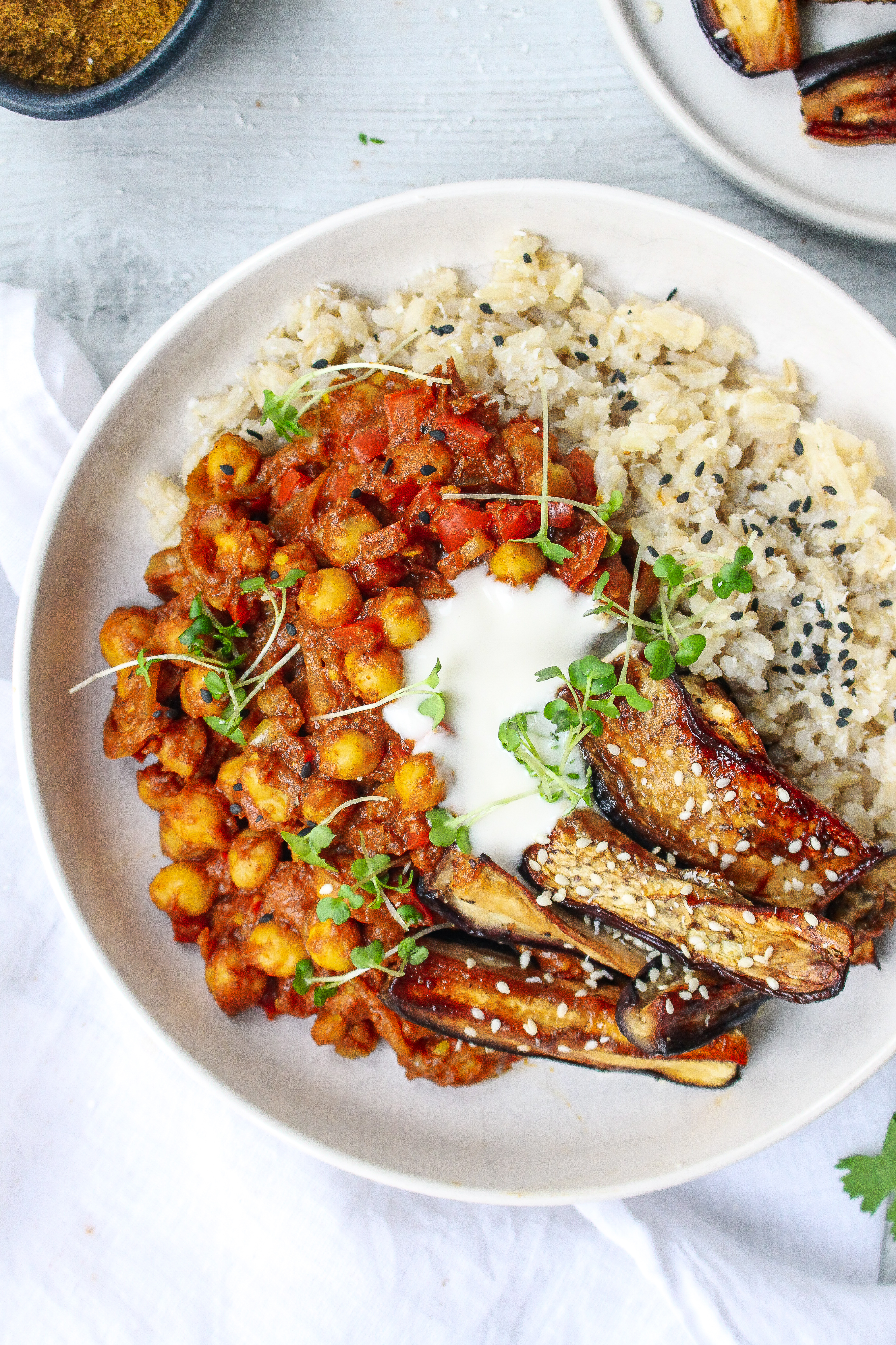 Sticky Asian Aubergine with Coconut Rice and Curried Chickpeas