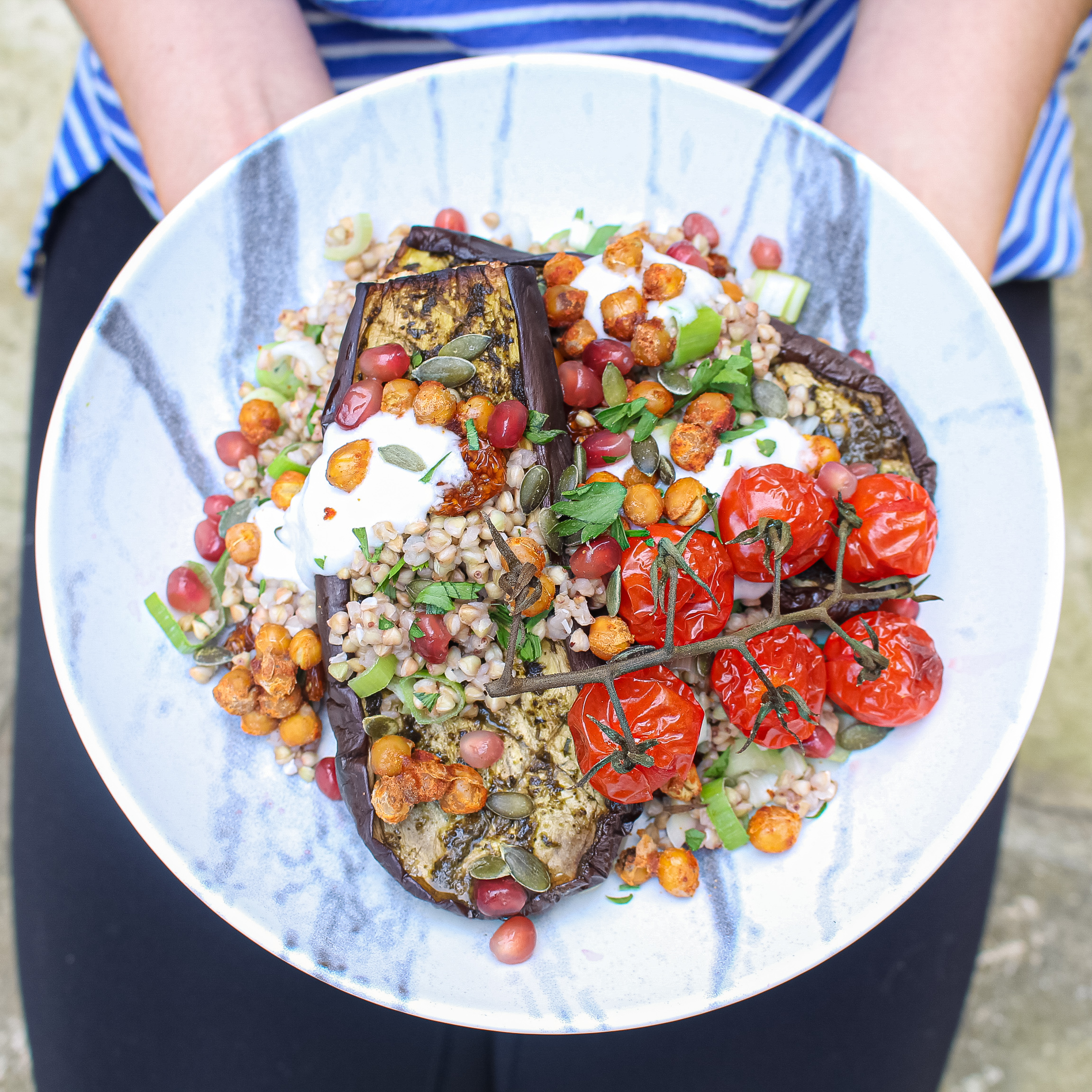 Zhoug Roasted Aubergines with Crunchy Chickpeas and a Goldenberry Pumpkin Seed Buckwheat Salad