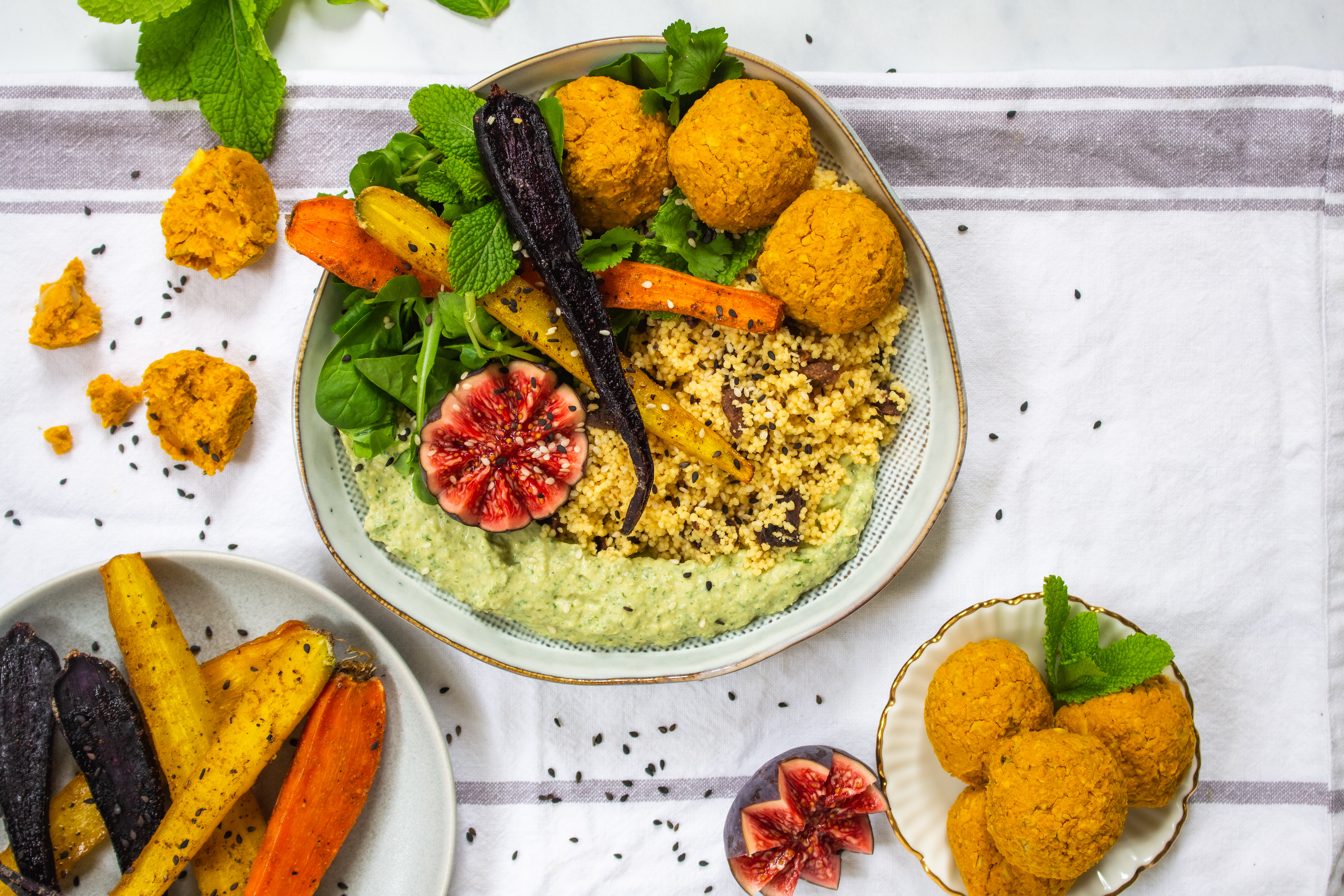 Baked Pumpkin Falafel Bowl with Herby Hummus and Roasted Carrots