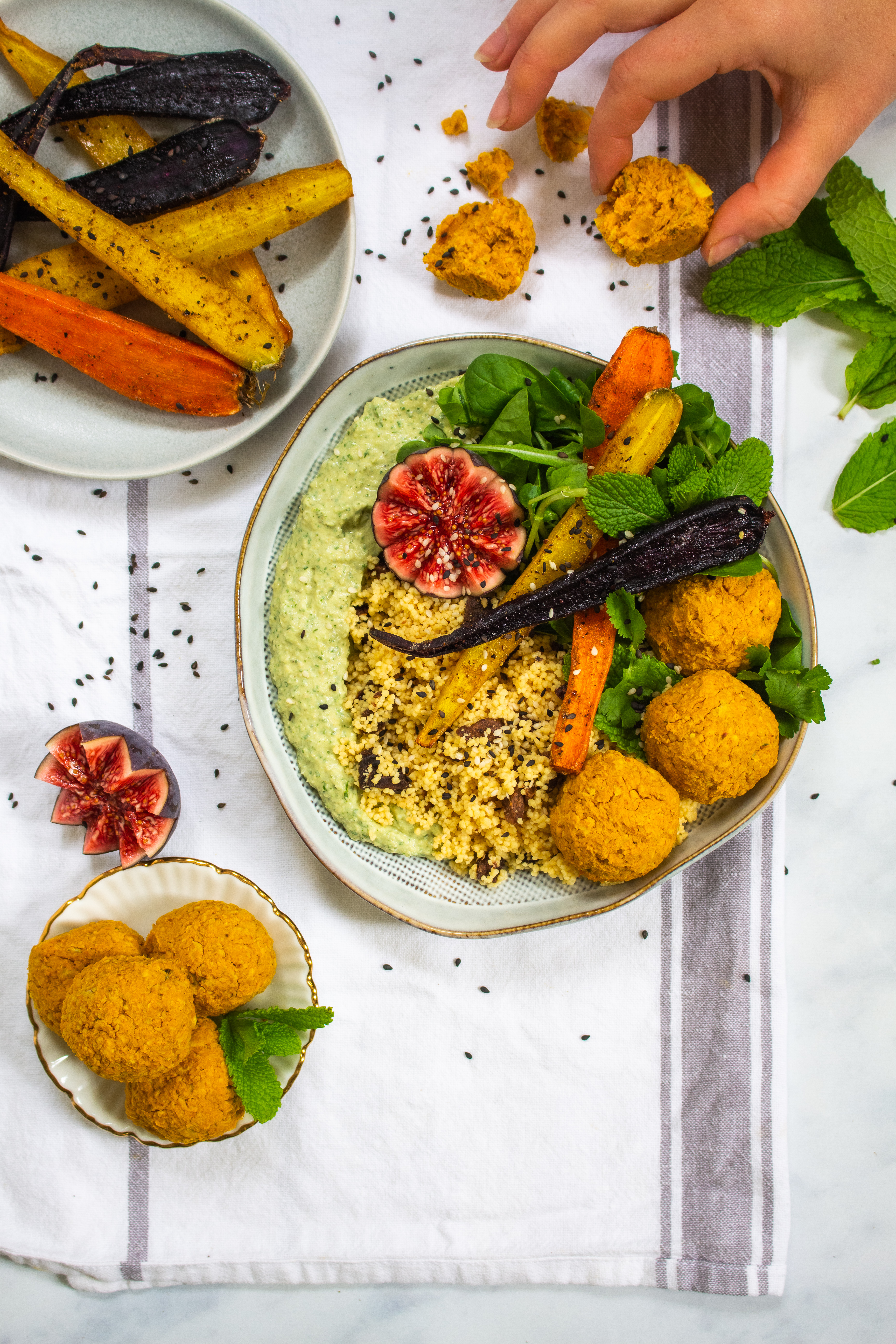 Baked Pumpkin Falafel Bowl with Herby Hummus and Roasted Carrots