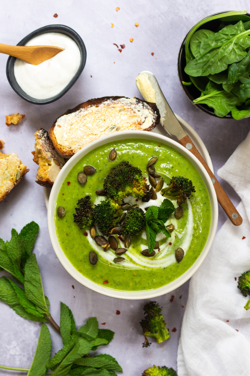 Broccoli and Pea Mint Soup with Roasted Broccoli Croutons - Nourishing Amy