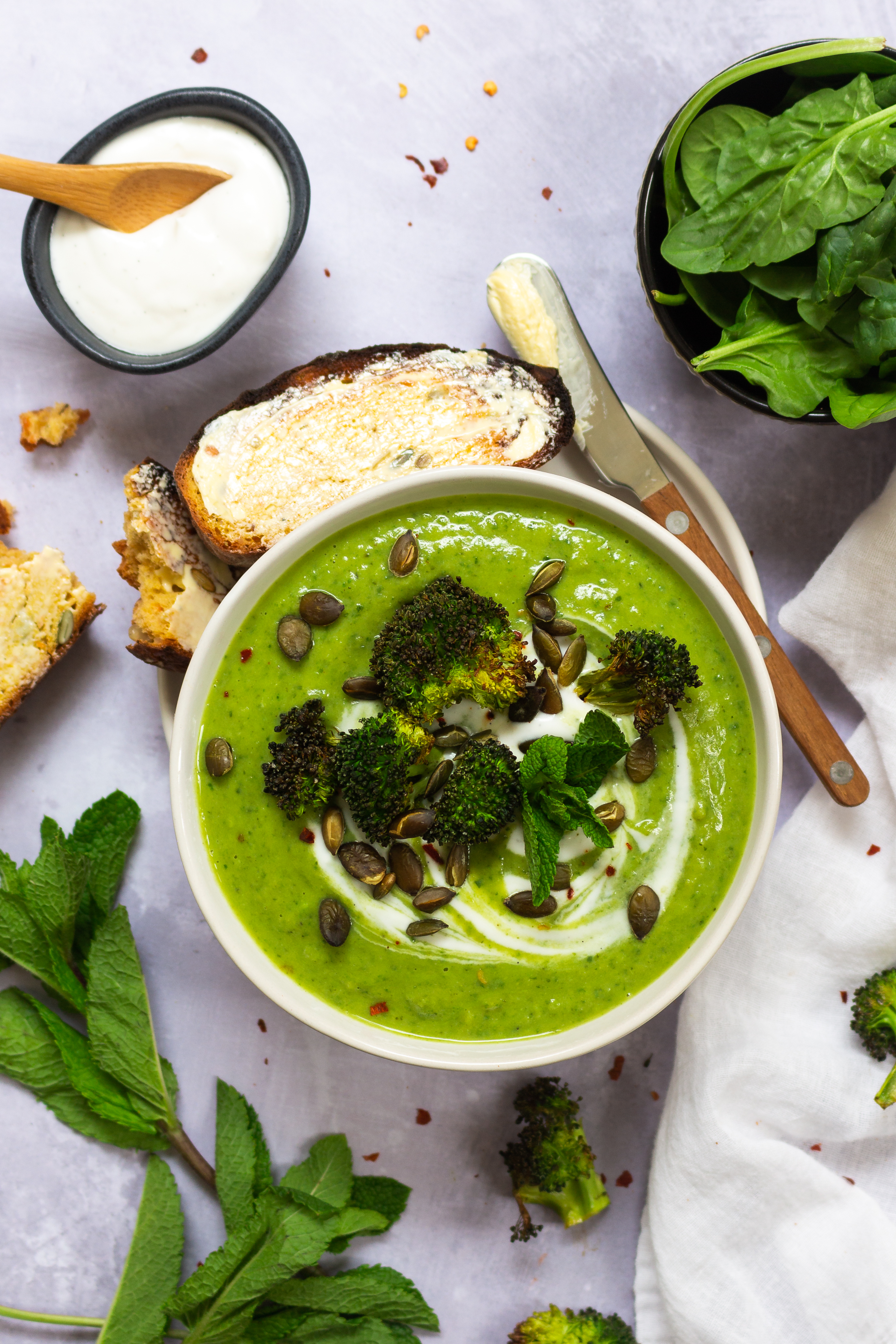 Broccoli and Pea Mint Soup with Roasted Broccoli Croutons