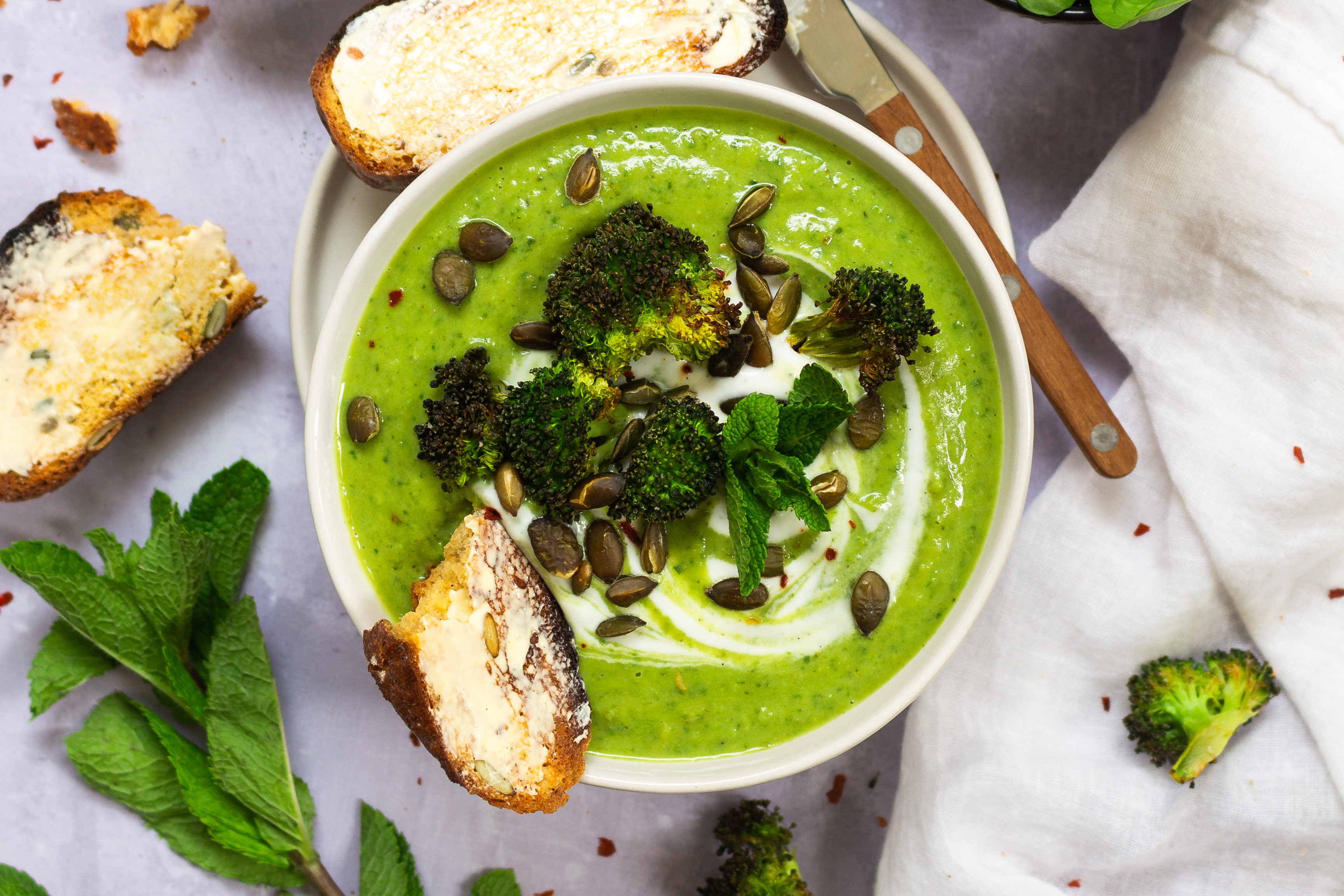 Broccoli and Pea Mint Soup with Roasted Broccoli Croutons