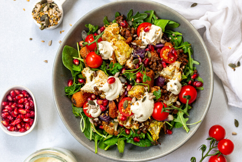 Roasted Cumin Carrot Lentil Salad with Cashew Cheese - Nourishing Amy