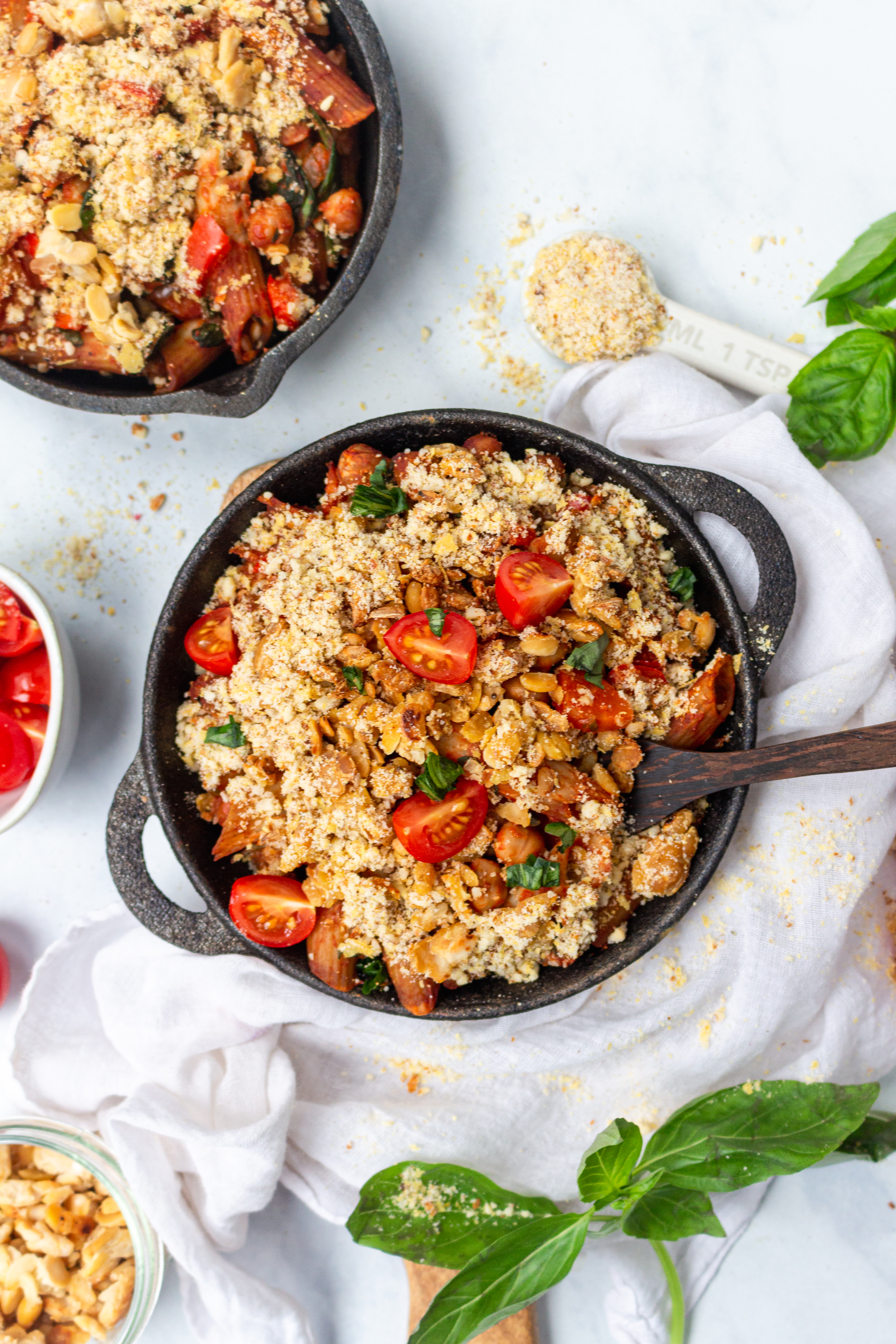 Tomato and Chickpea Pasta Bake with Tempeh Crumble