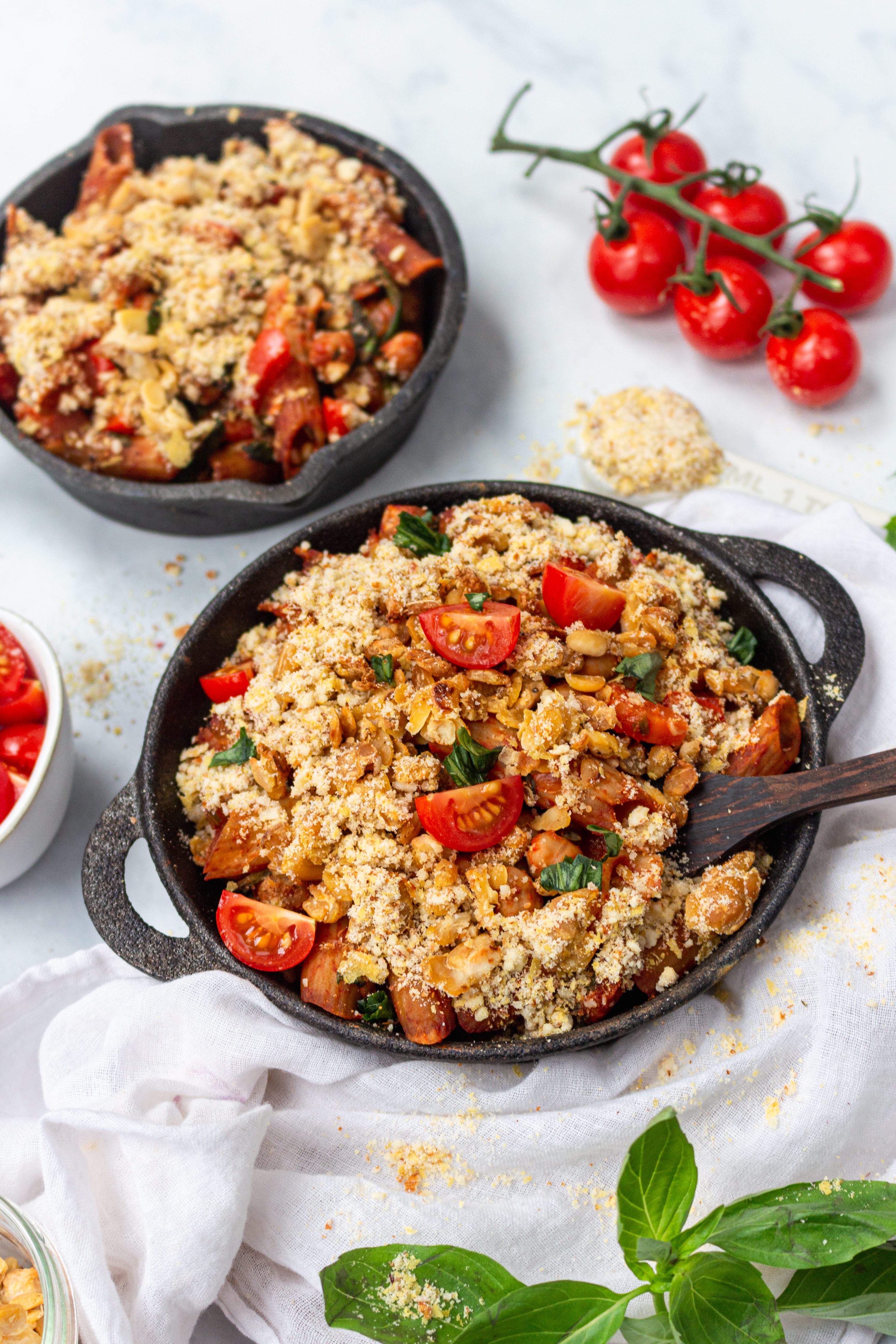 Tomato and Chickpea Pasta Bake with Tempeh Crumble