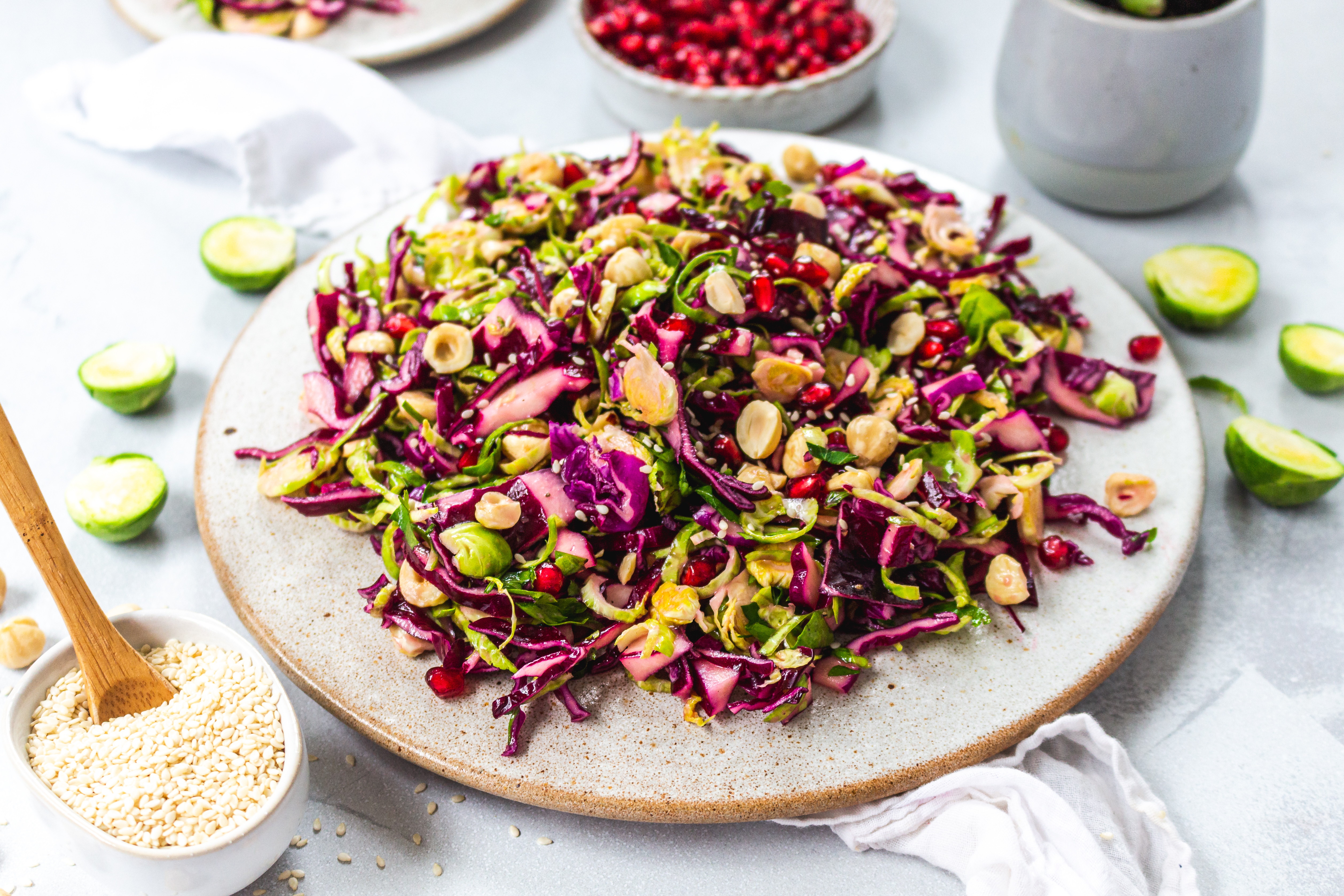 Brussel Sprout Red Cabbage and Hazelnut Slaw