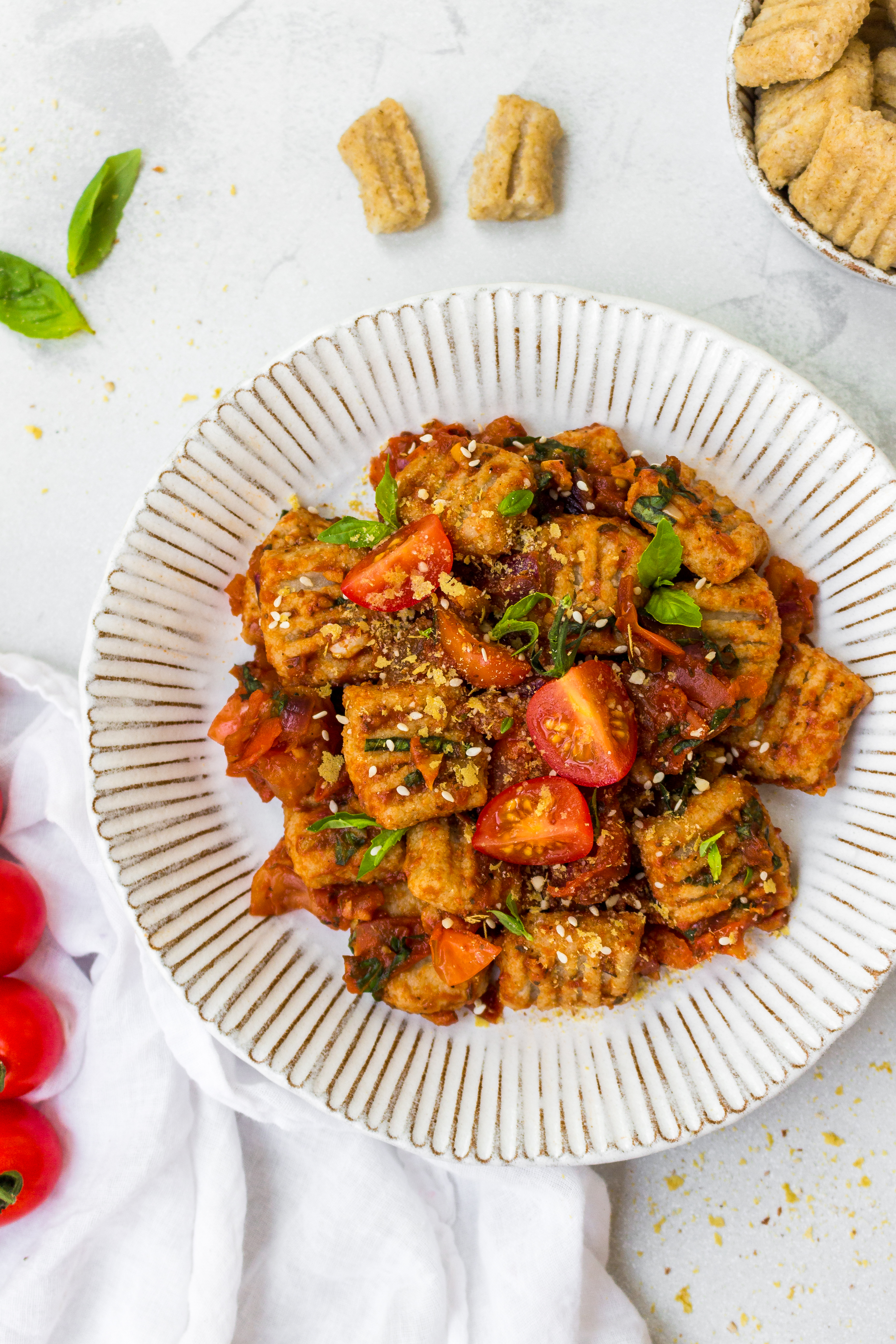 Cauliflower Gnocchi (Vegan and GF) with Balsamic Tomato and Basil Sauce