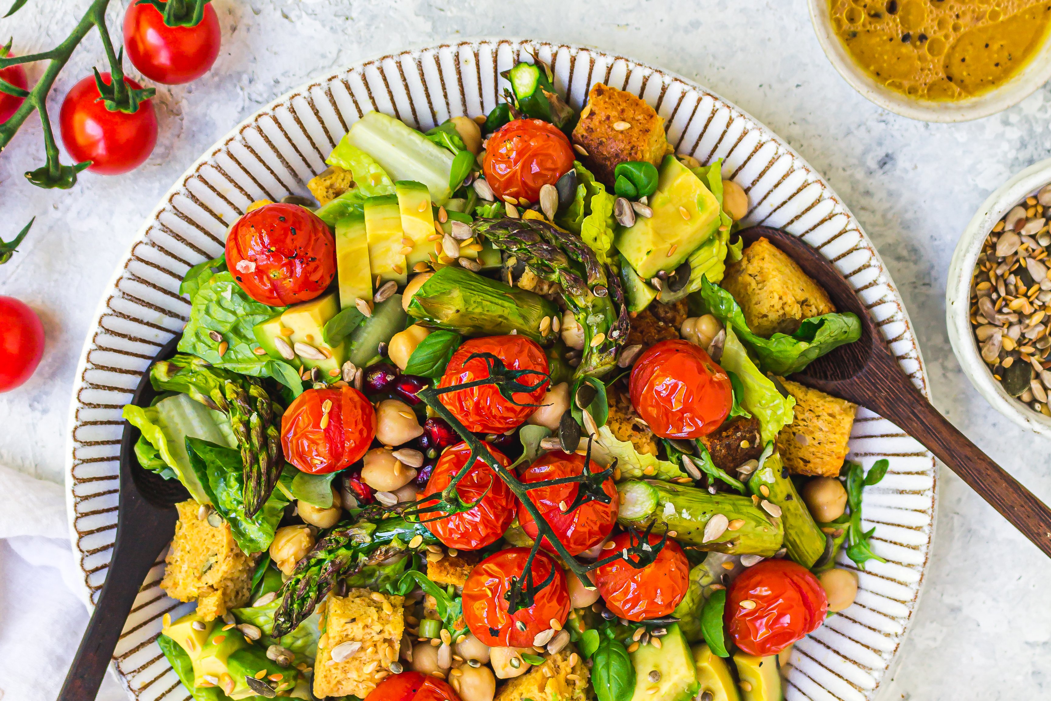 Grilled Tomato Asparagus and Chickpea Panzanella Salad