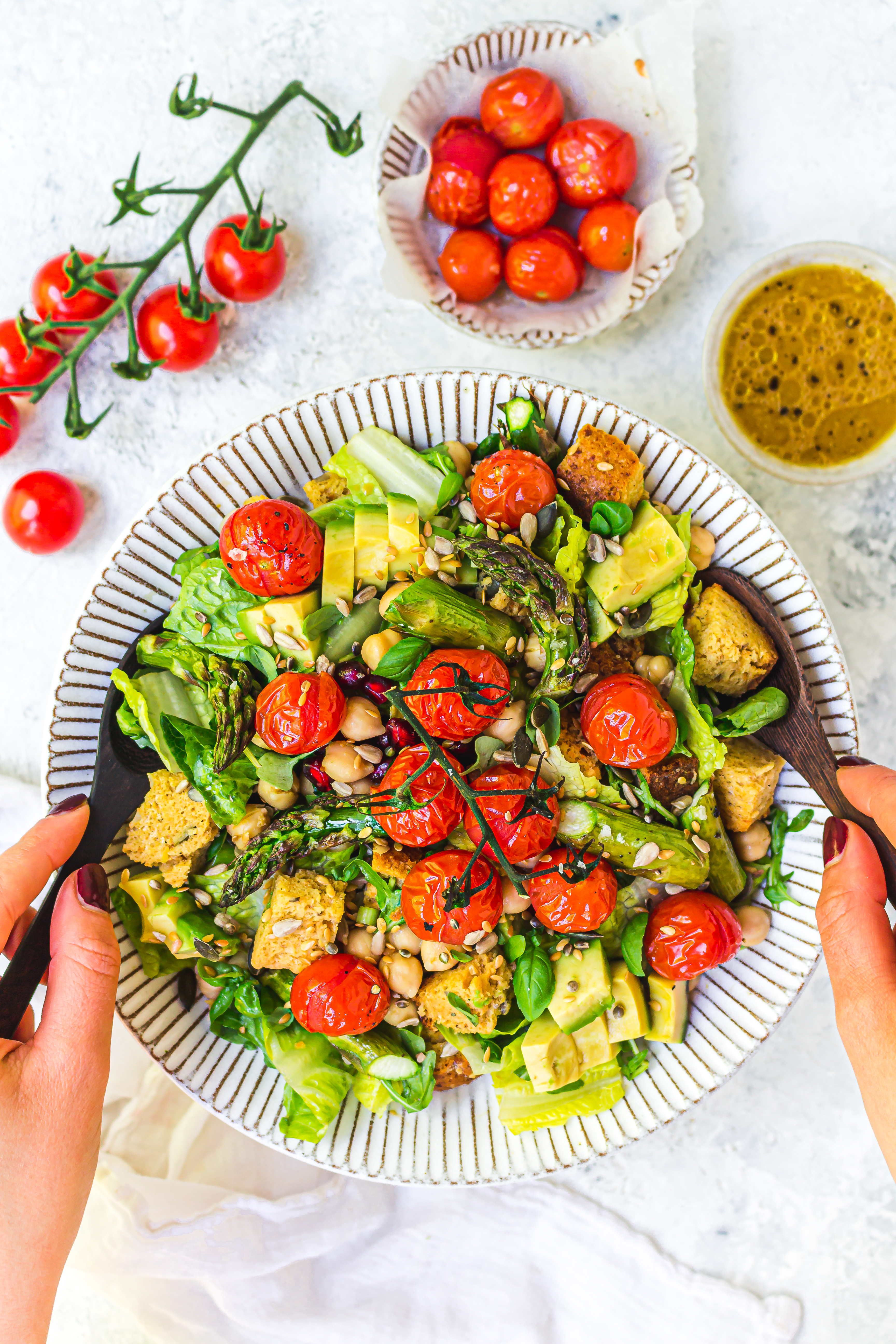 Grilled Tomato Asparagus and Chickpea Panzanella Salad