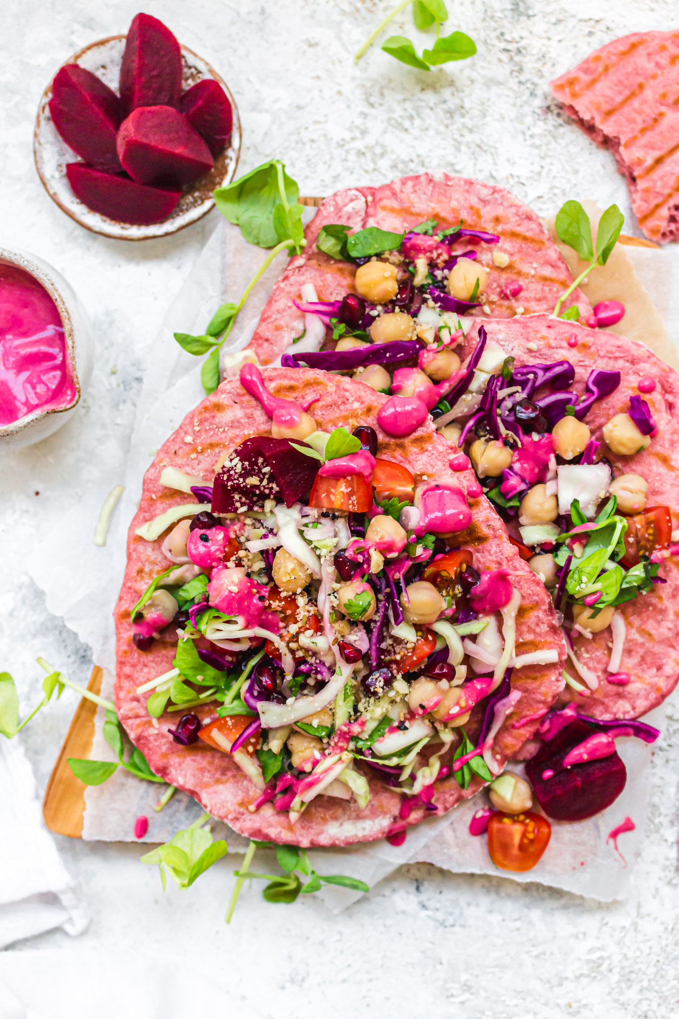 Beetroot Flatbreads with Crunchy Slaw and Chickpeas