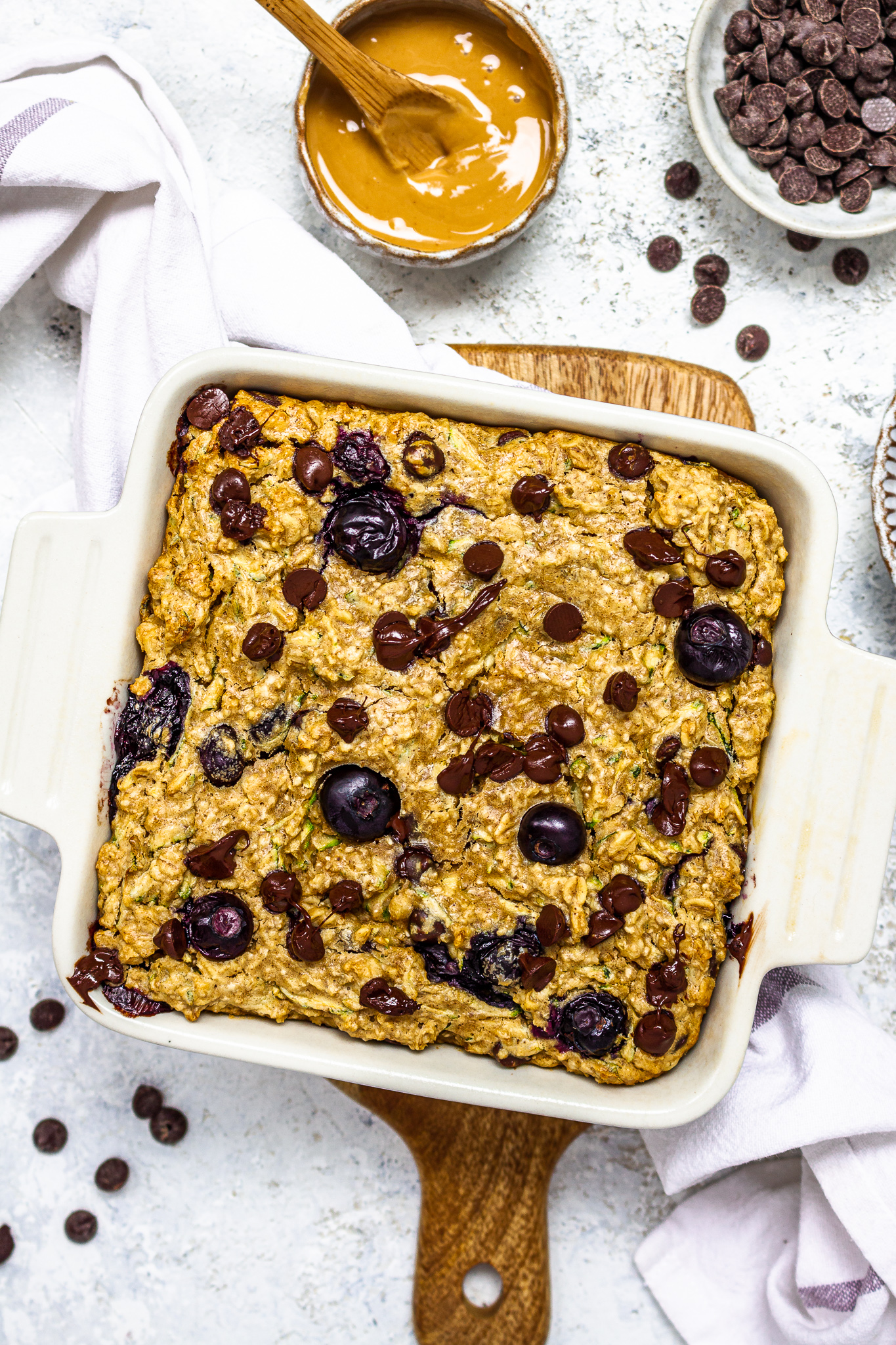 Peanut Butter Blueberry Chocolate Chip Courgette Baked Oats