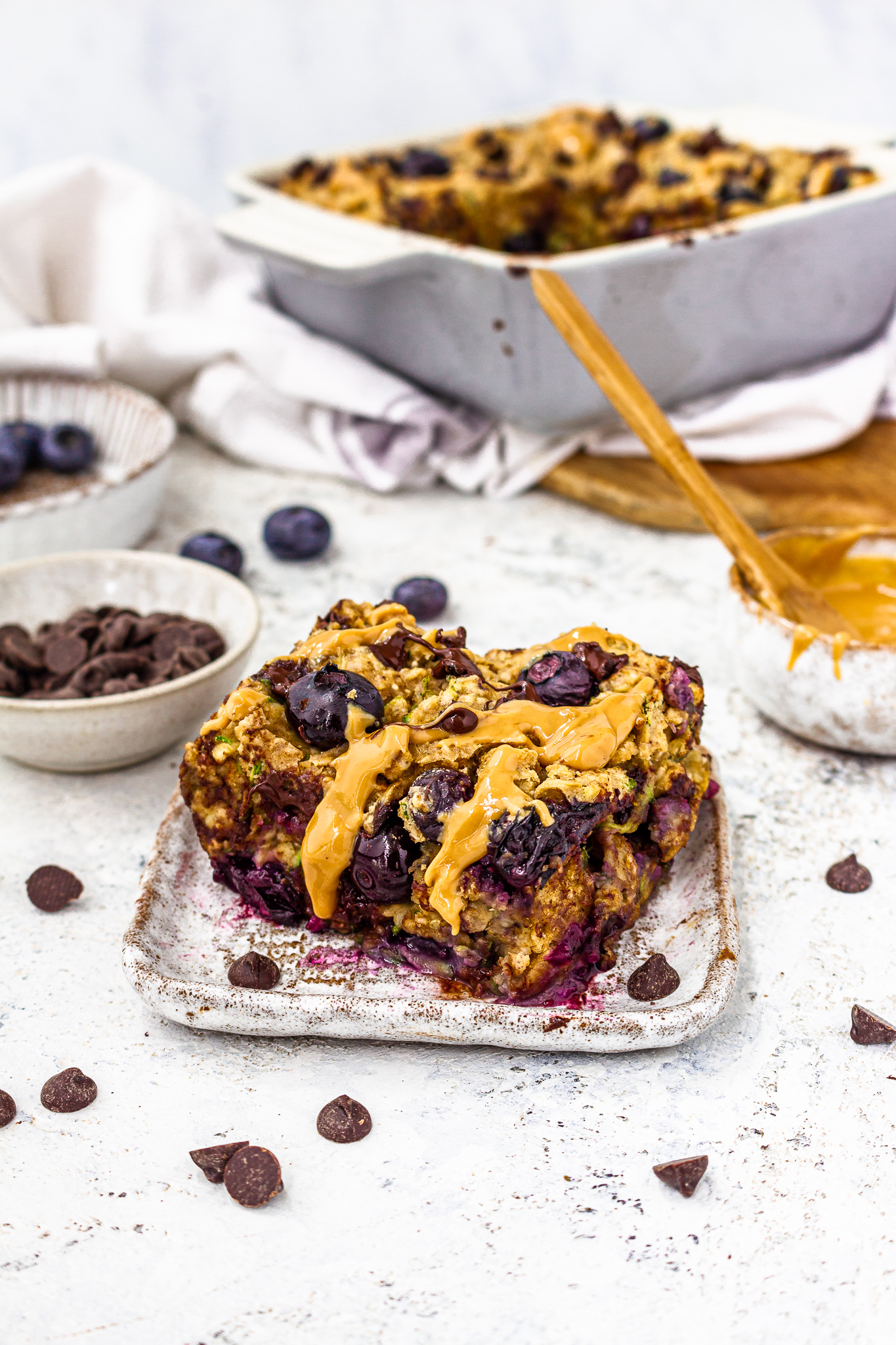 Peanut Butter Blueberry Chocolate Chip Courgette Baked Oats