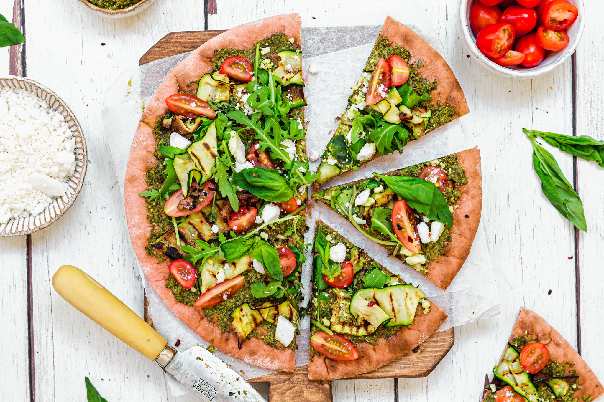 Beetroot Pesto and Courgette Pizza with Feta