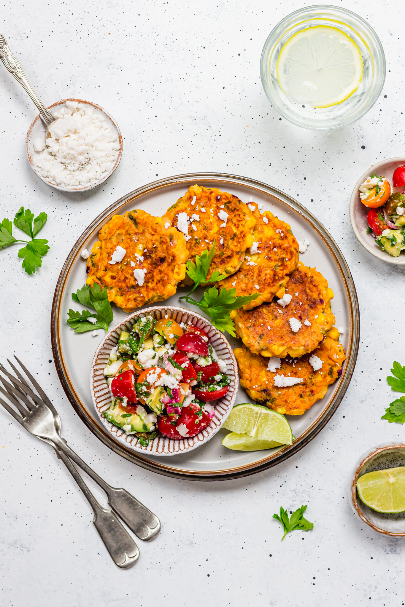 Sweetcorn Fritters with Avocado, Tomato and “Feta” Salad