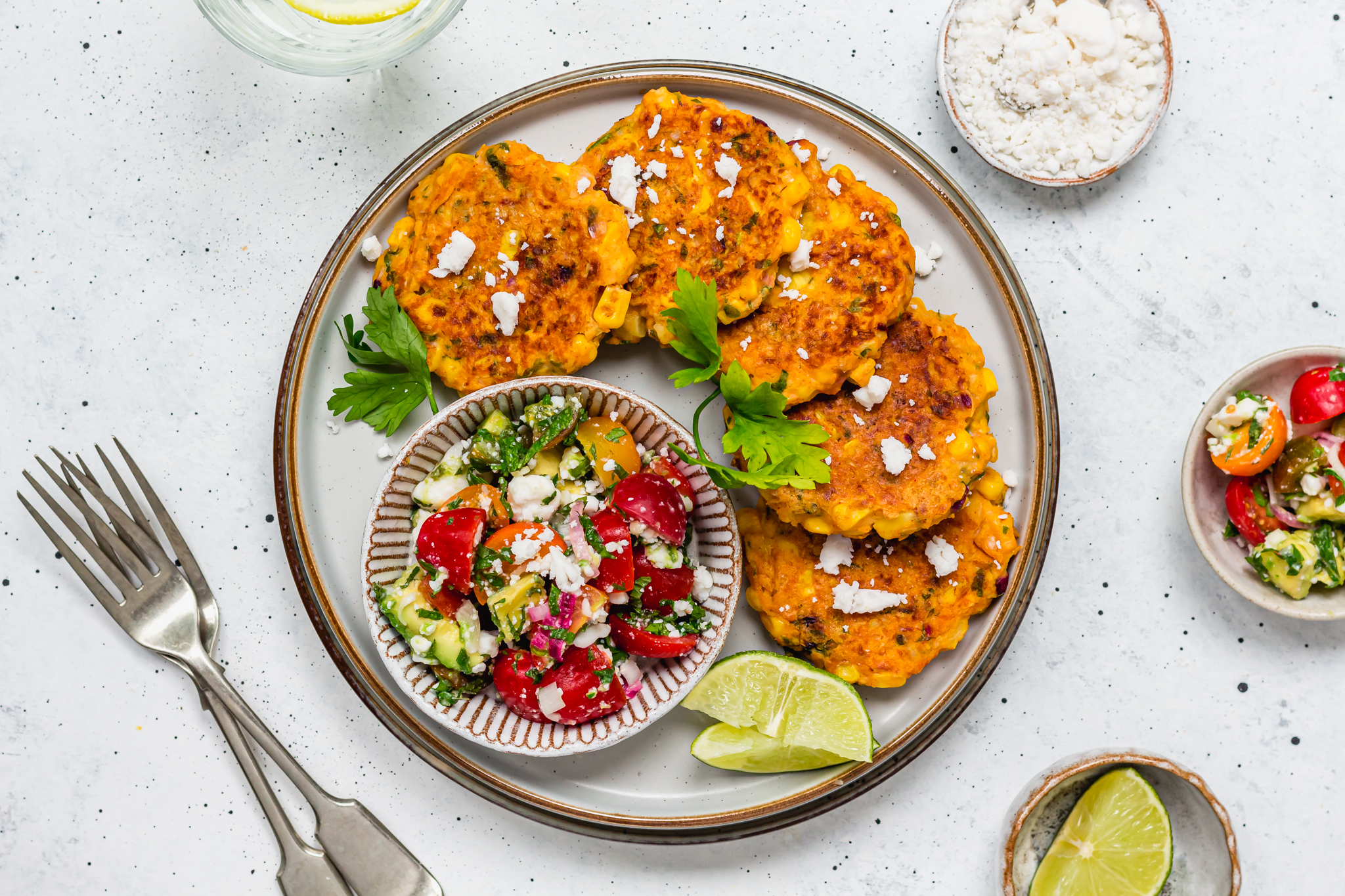 Sweetcorn Fritters with Avocado, Tomato and “Feta” Salad Sweetcorn Fritters with Avocado, Tomato and “Feta” Salad