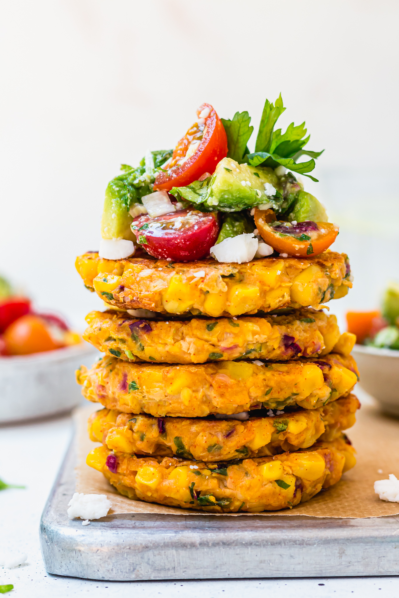 Sweetcorn Fritters with Avocado, Tomato and “Feta” Salad
