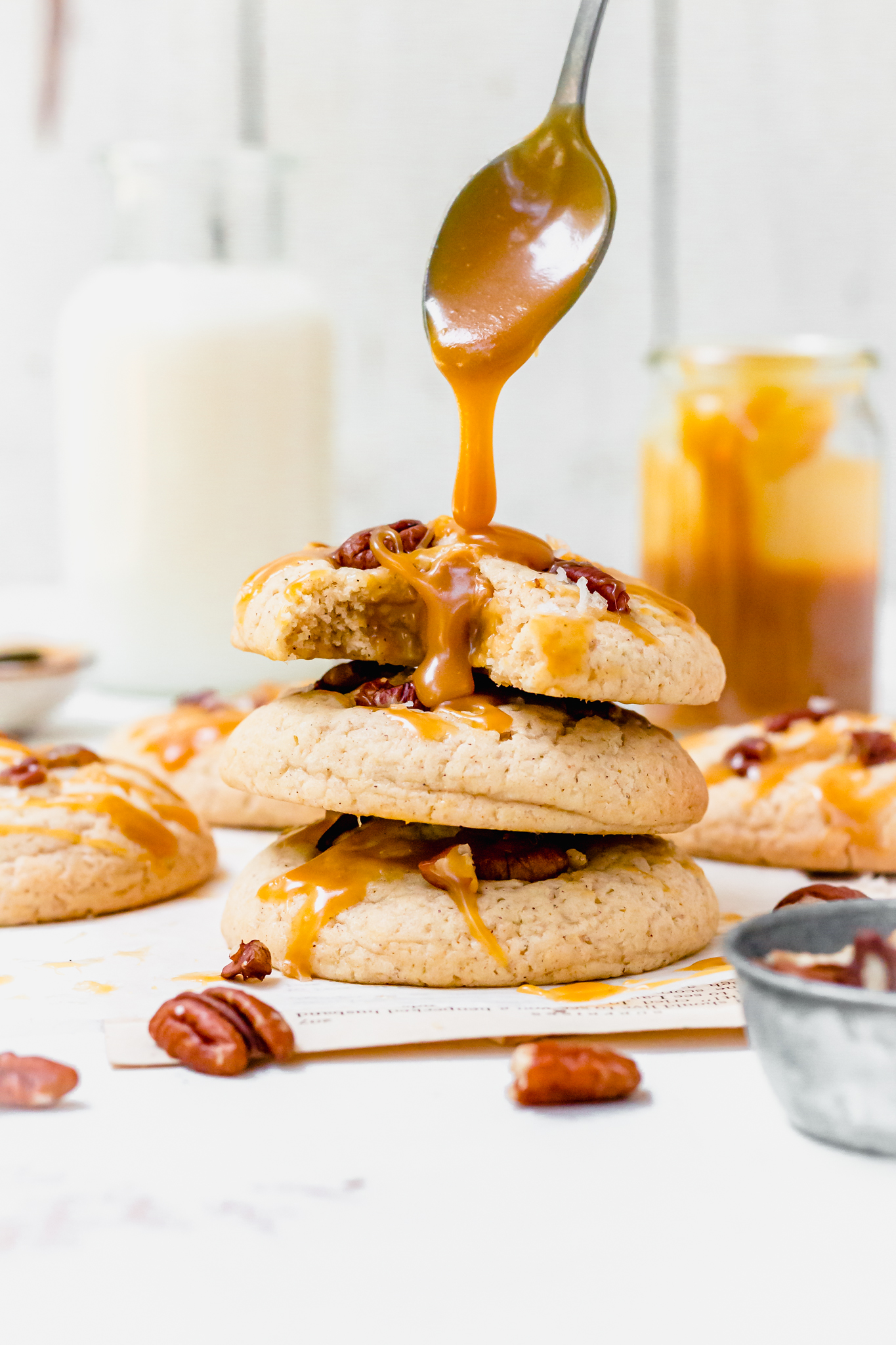 Chai Pecan Caramel Stuffed Cookies with a caramel drizzle