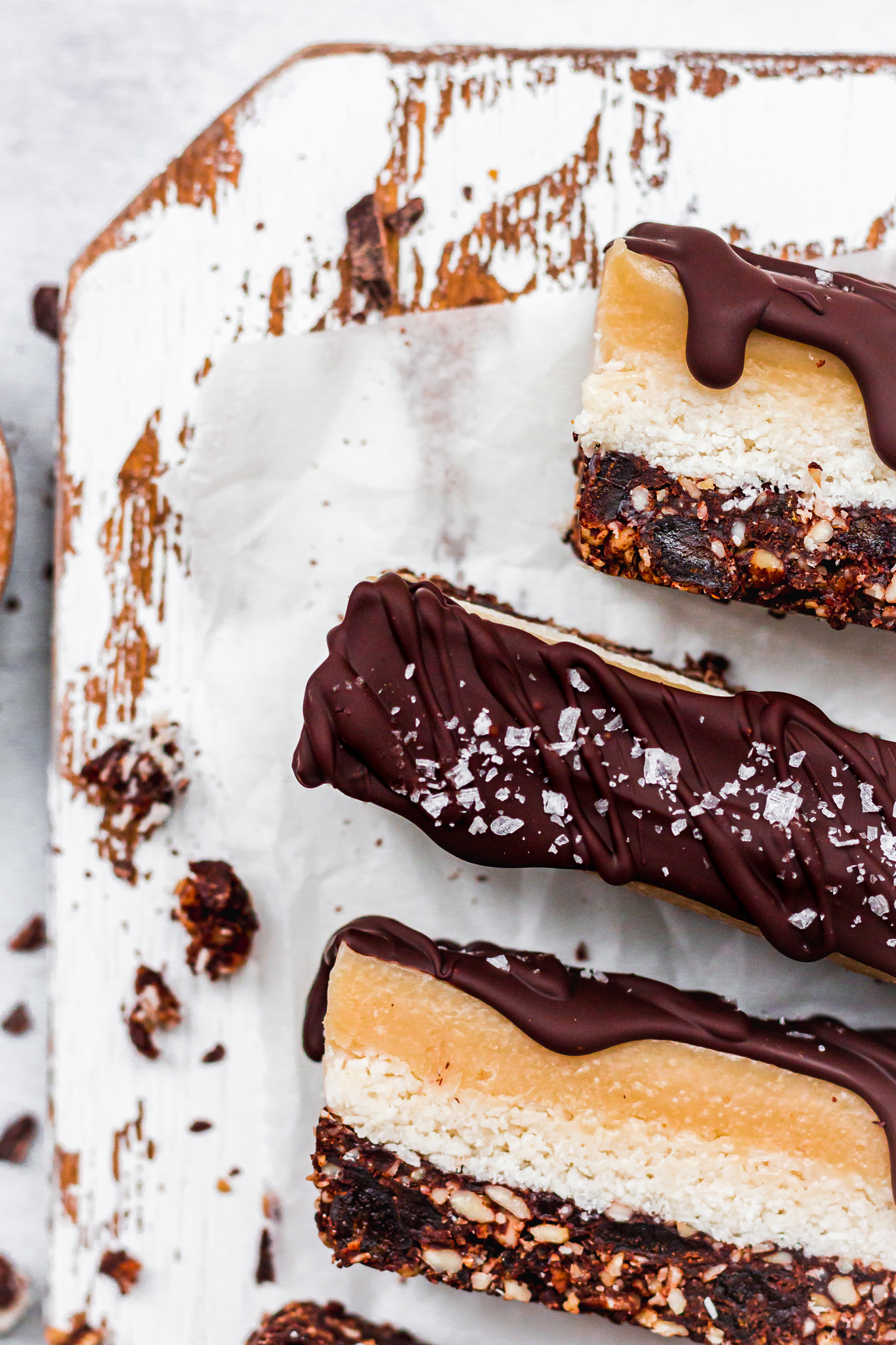 Close up of Salted Chocolate Coconut Caramel Slices