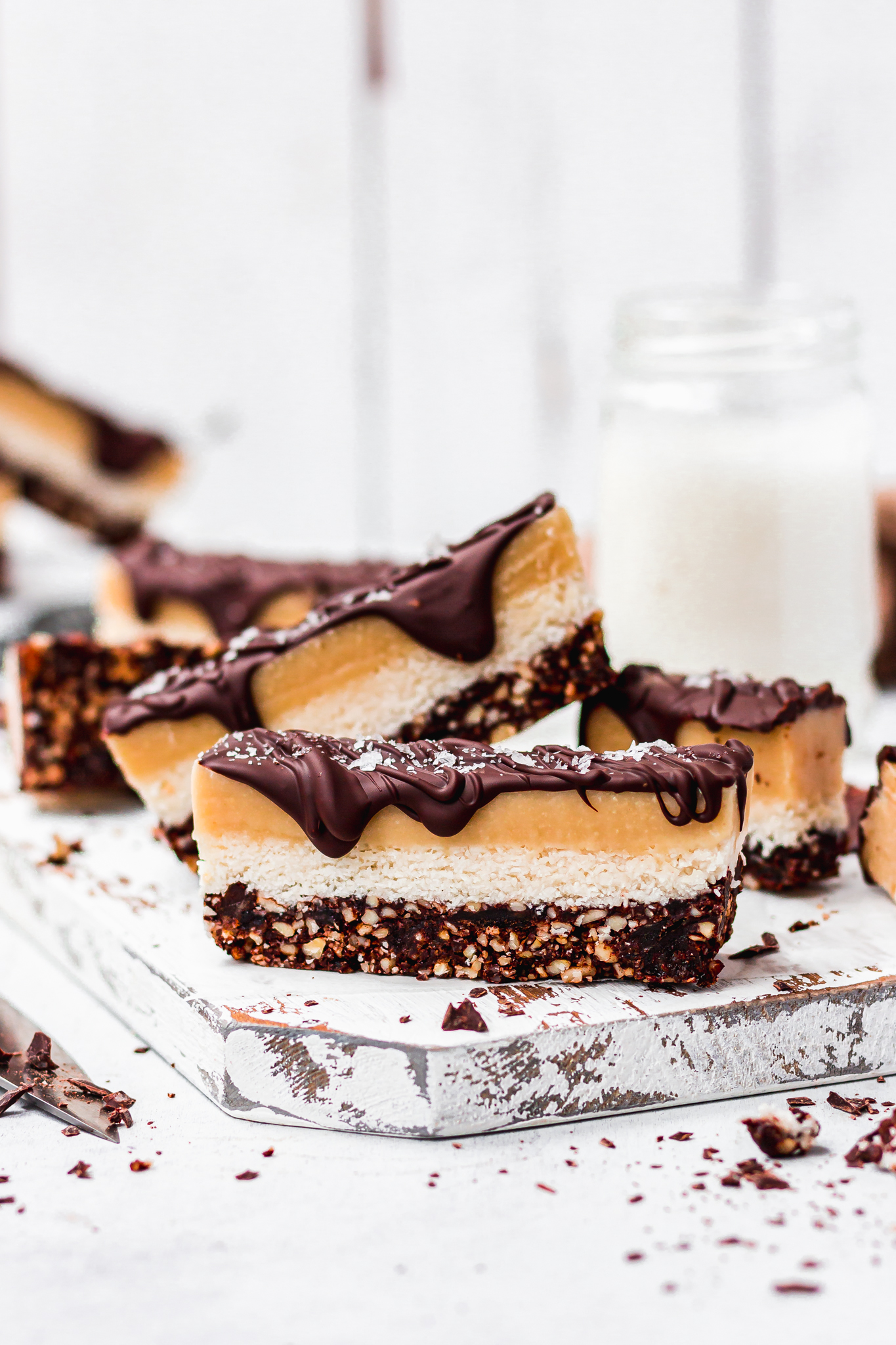 Salted Chocolate Coconut Caramel Slices stacked