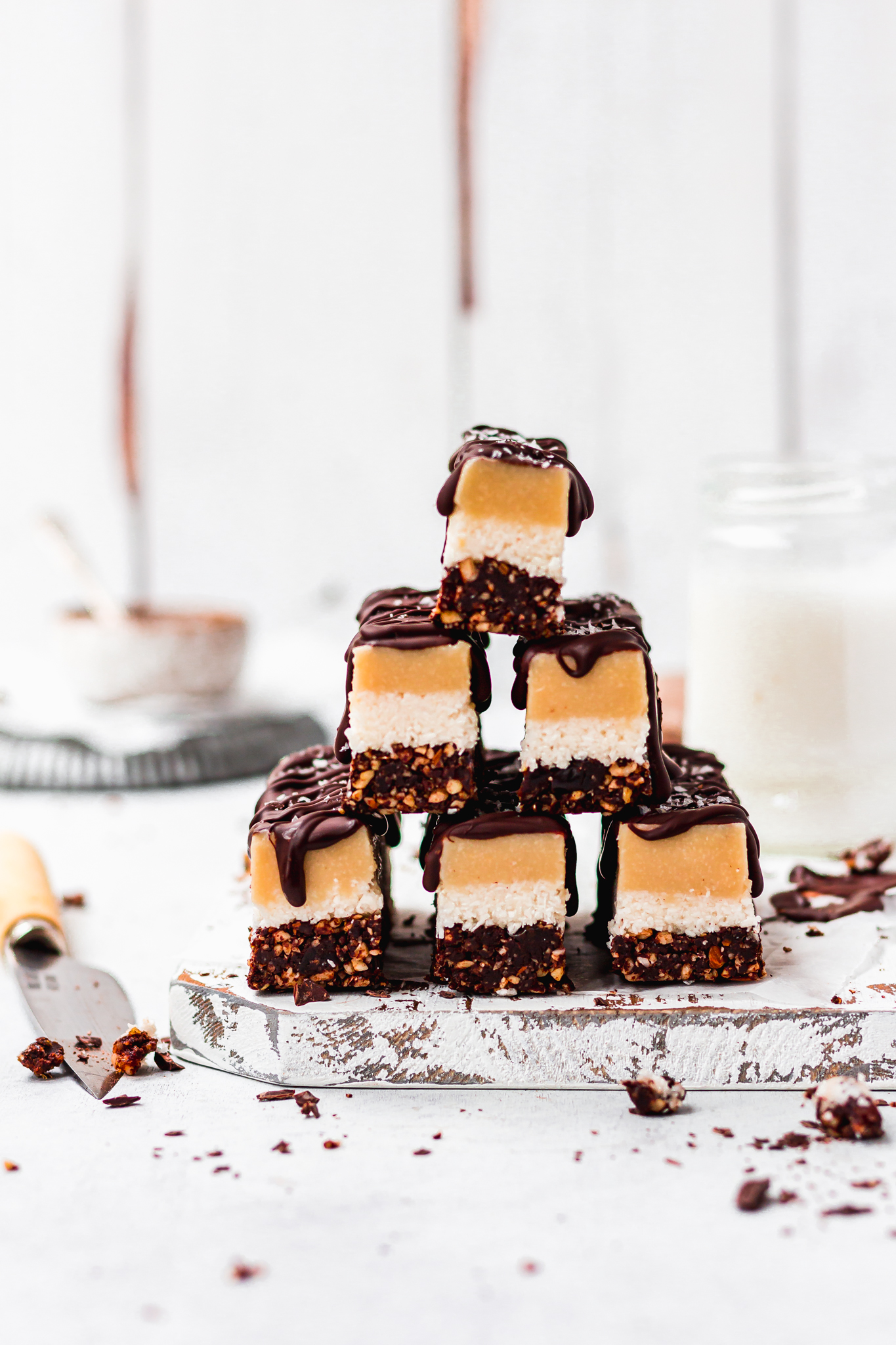 A tower of Salted Chocolate Coconut Caramel Slices
