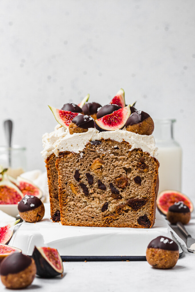 Frosted and decorated Tahini Fig and Chocolate Banana Bread