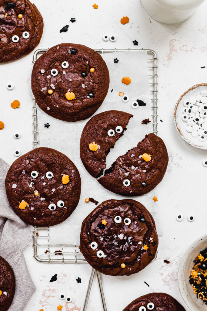 Fudgy Monster Chocolate Cookies on a wire rack