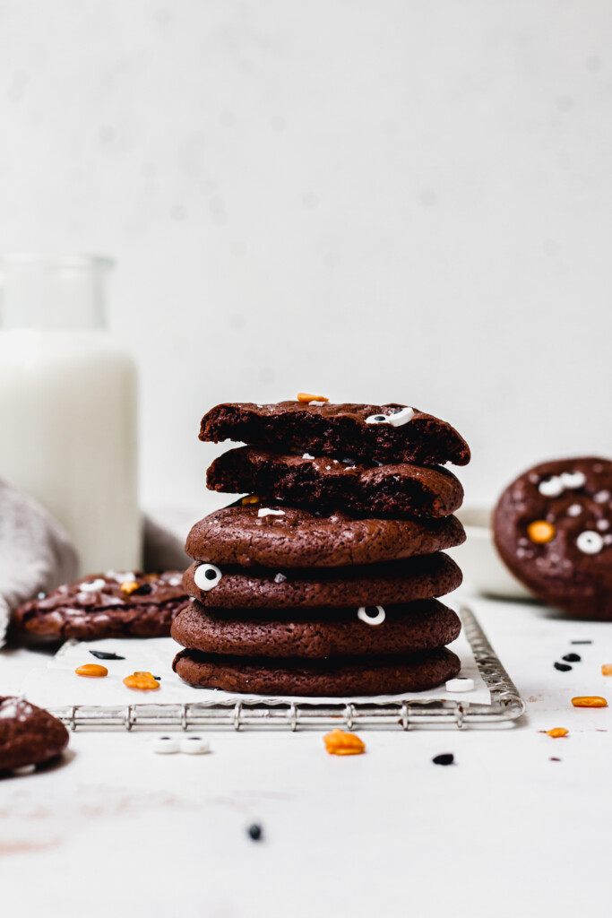 A stack of eaten Fudgy Monster Chocolate Cookies