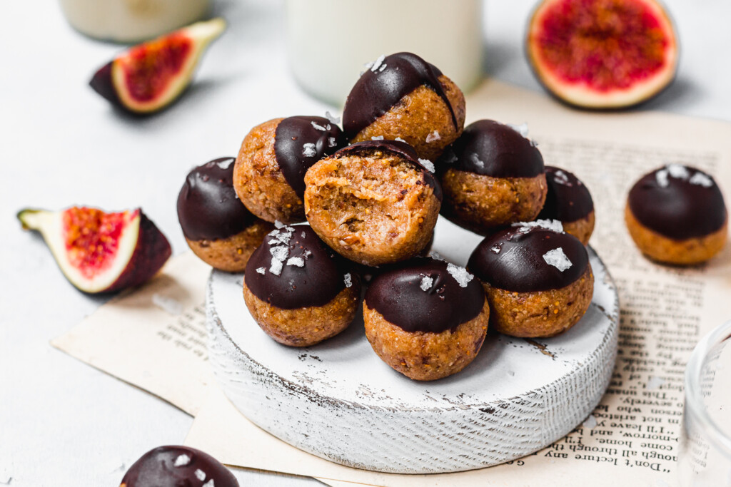 Stack of Tahini Fig and Chocolate Bliss Balls