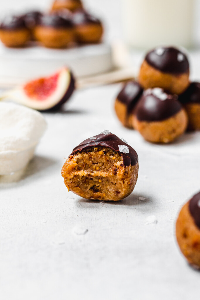 A bitten Tahini Fig and Chocolate Bliss Ball