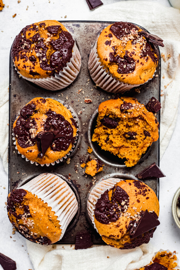 Close up of Chocolate Sweet Potato Muffins on a muffin tray