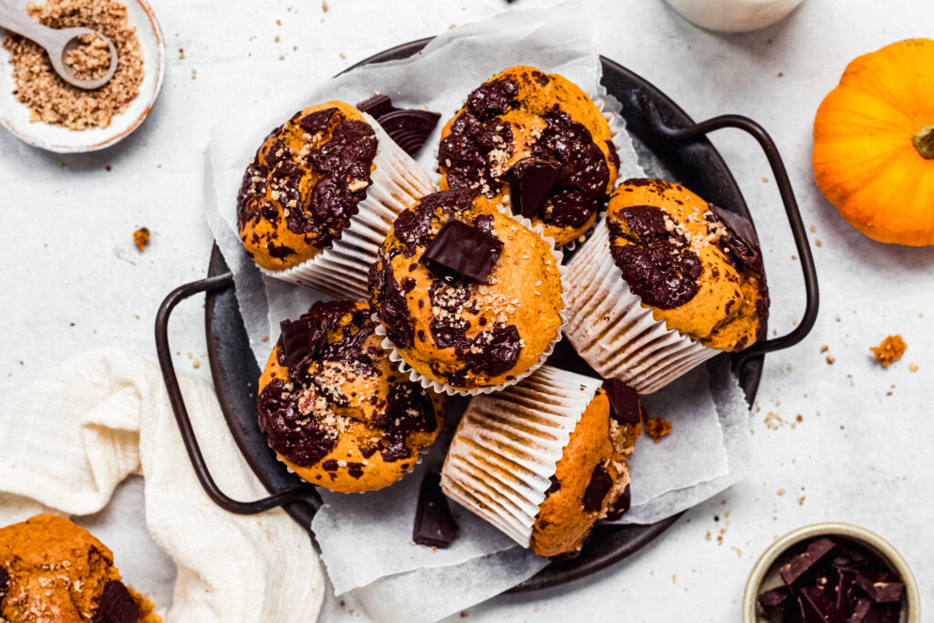 Chocolate Sweet Potato Muffins landscape image on a metal tray