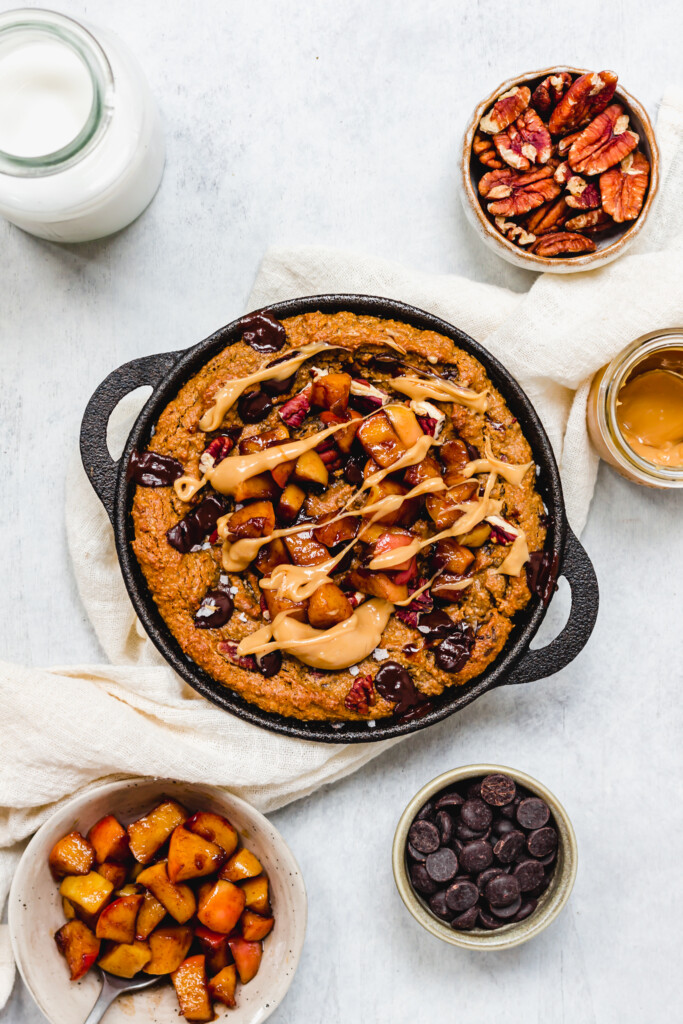 Toffee Apple Chocolate Chip Cookie Skillet with toffee sauce
