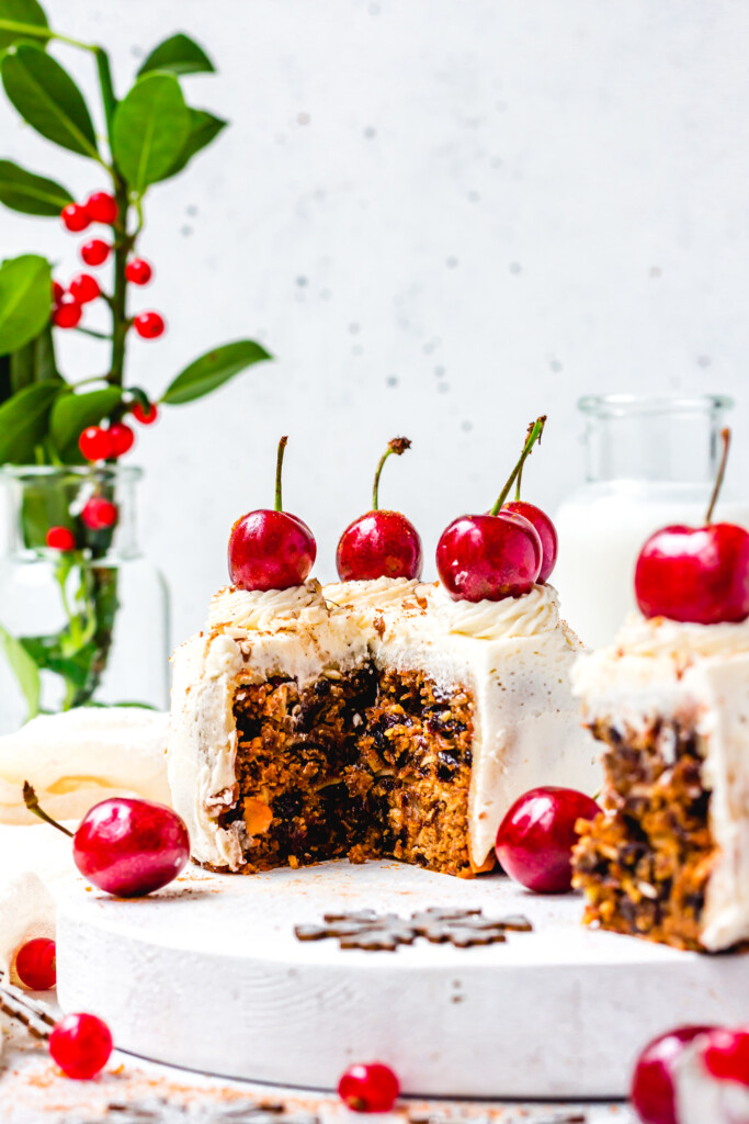 Inside a Easy Vegan Christmas Cake Cherry Almond