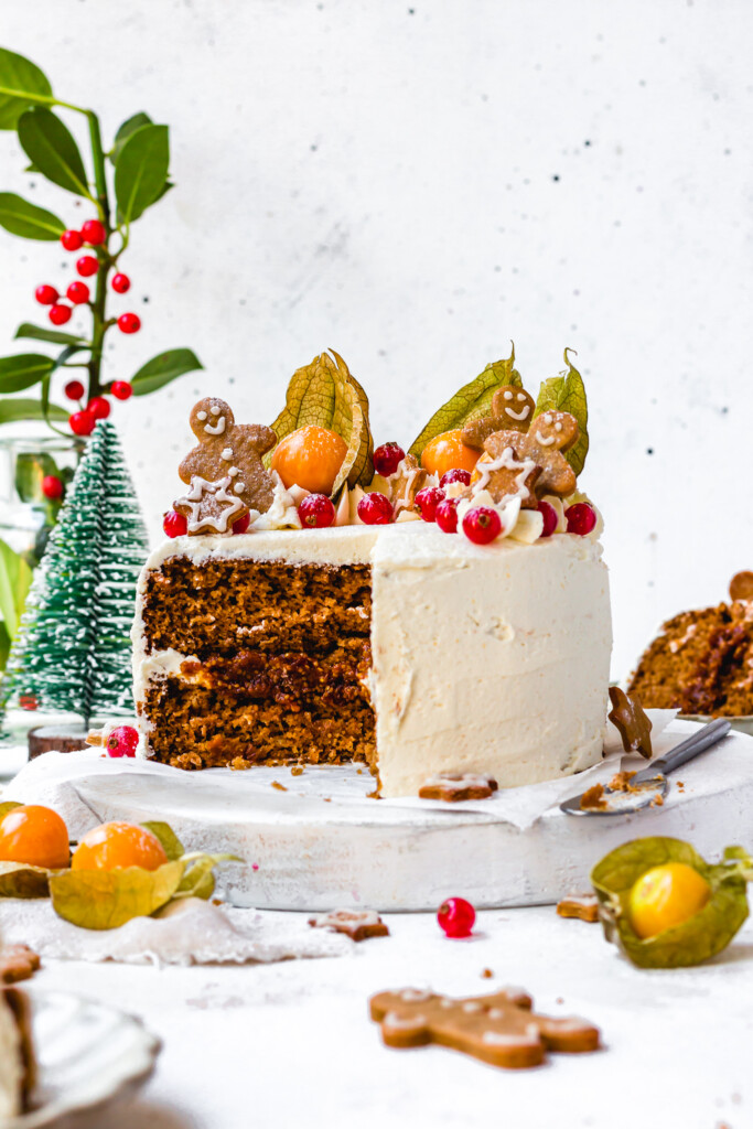 Gingerbread Goldenberry Christmas Cake on a wooden board