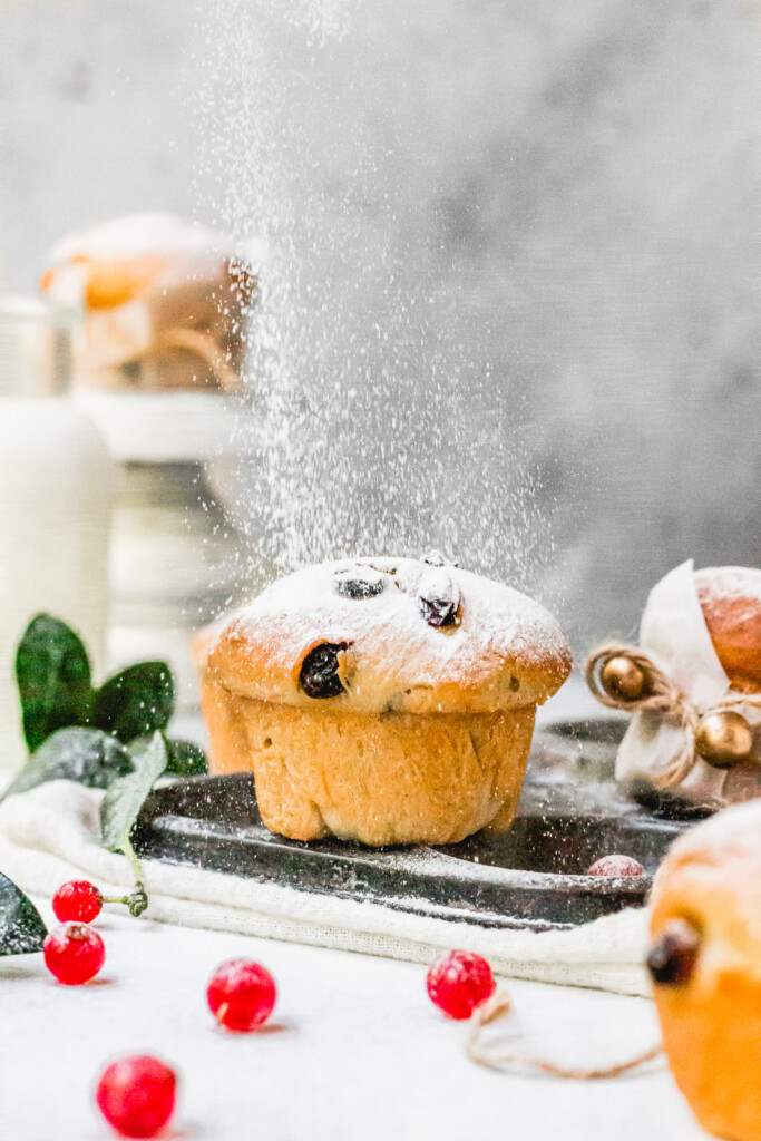 Mini Vegan Panettone (Easy) with a dusting of icing sugar