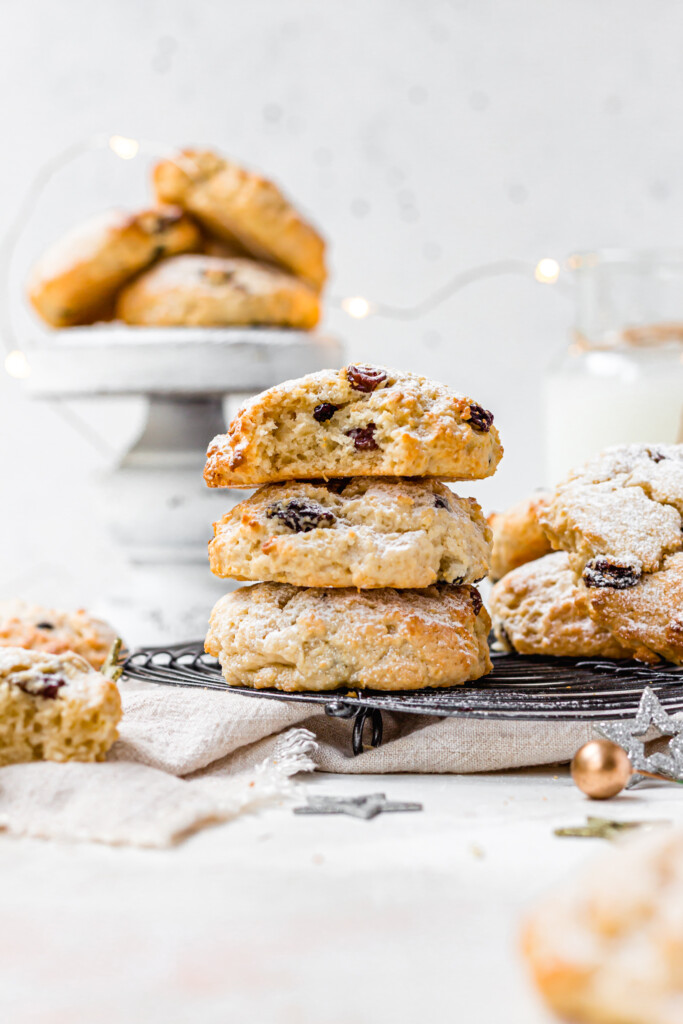 A stack of Vegan Stollen Bites with Christmas lights
