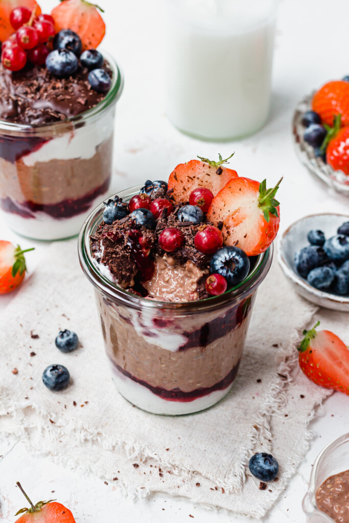 Looking into a jar of Chocolate Berry Overnight Oats