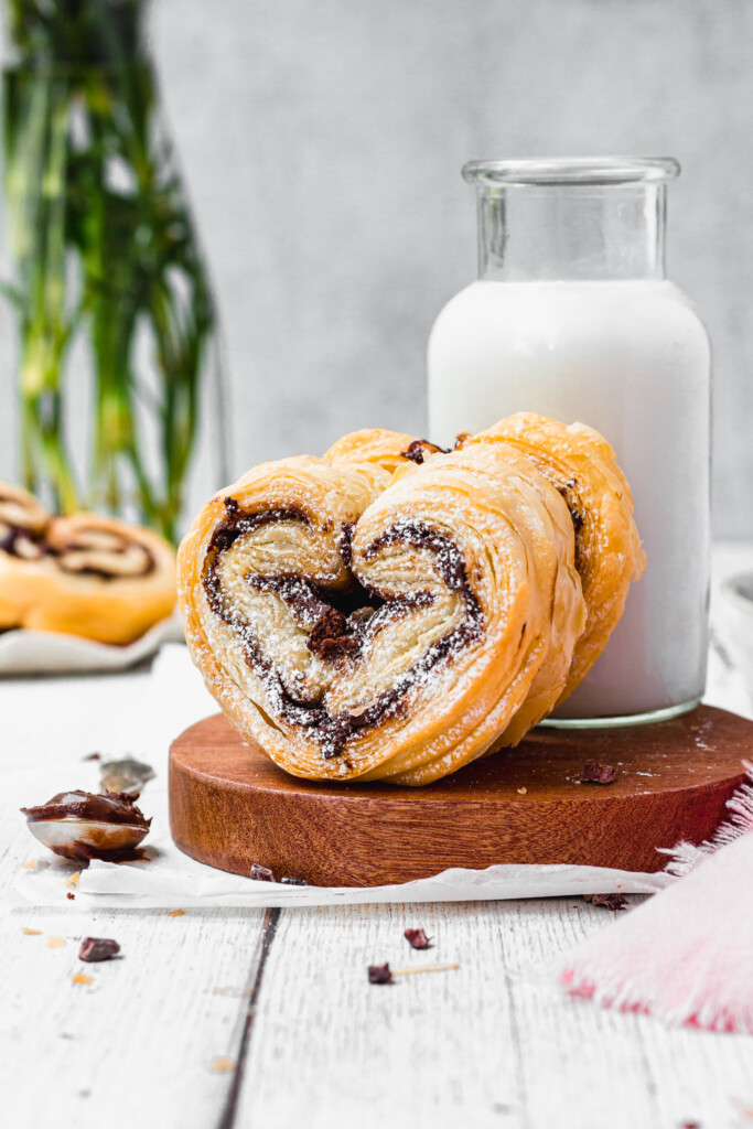 Chocolate Puff Pastry Hearts with a glass of milk