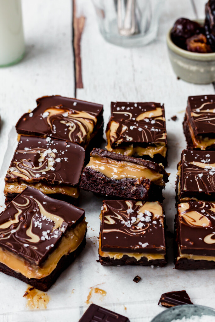 No Bake Almond Caramel Brownies with a gooey caramel middle