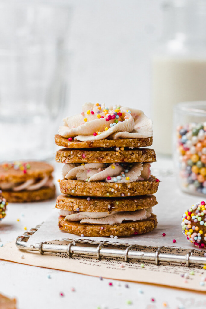 No Bake Funfetti Cookie Sandwiches with a protein yoghurt frosting