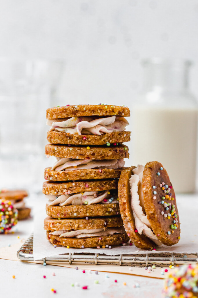 A stack of No Bake Funfetti Cookie Sandwiches