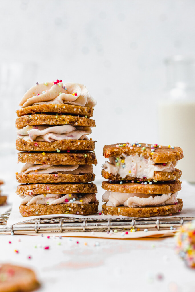 Two stacks of No Bake Funfetti Cookie Sandwiches