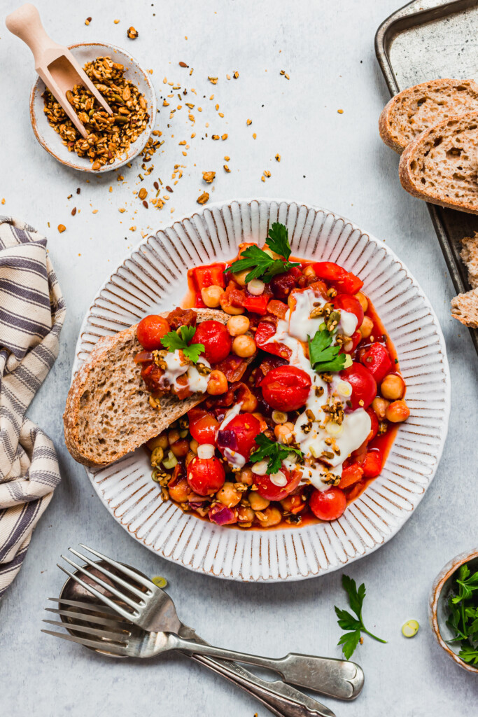 Red Pepper and Sun-Dried Tomato Chickpea Shakshuka with toasted sourdough